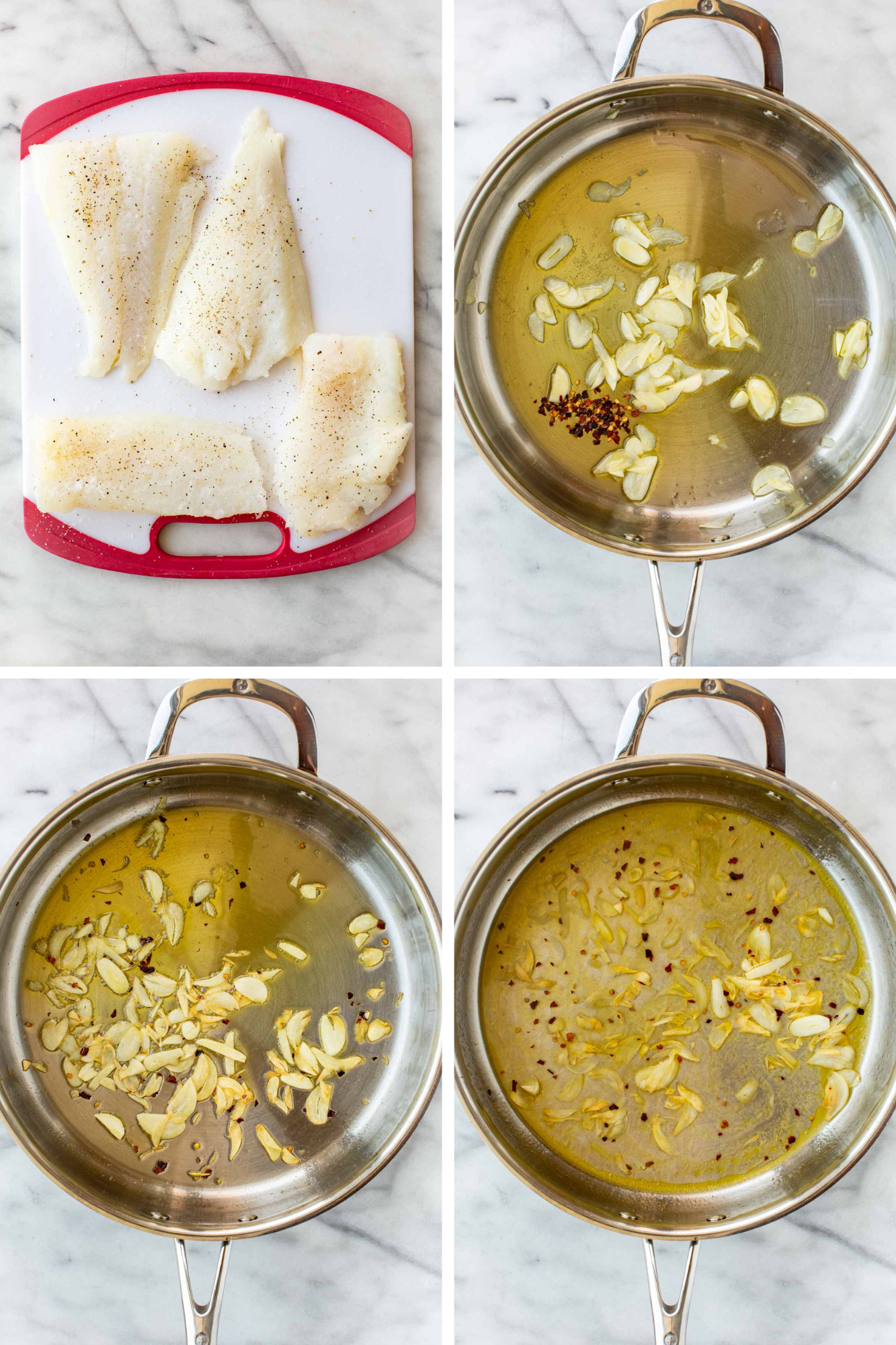Four-step process collage showing raw fish fillets seasoned on a cutting board, sliced garlic and chili flakes added to olive oil, garlic sautéing in the skillet, and the finished garlic-chili oil base.