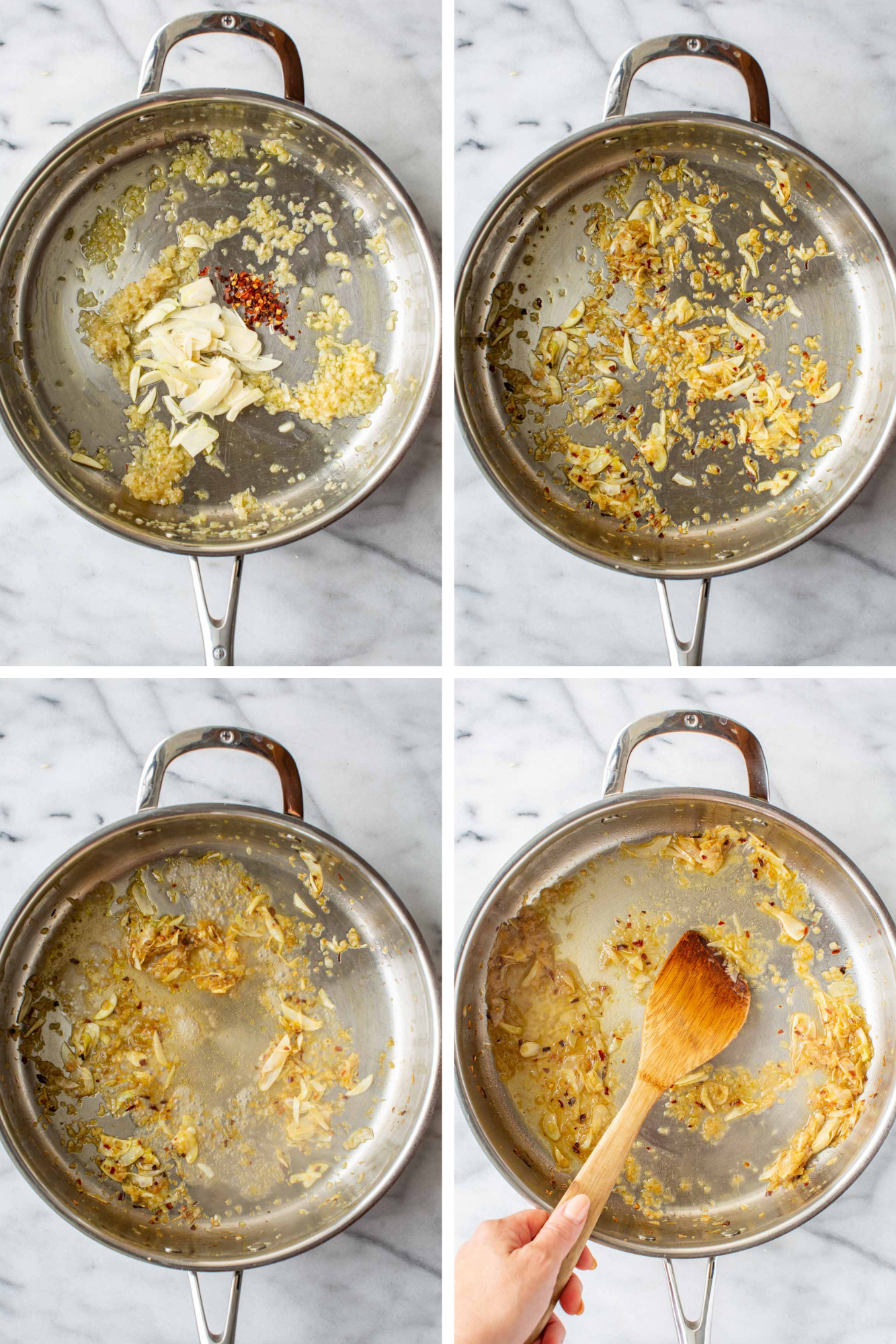 Four-step collage of shallots and garlic being sautéed with chili flakes in a stainless steel skillet until golden.