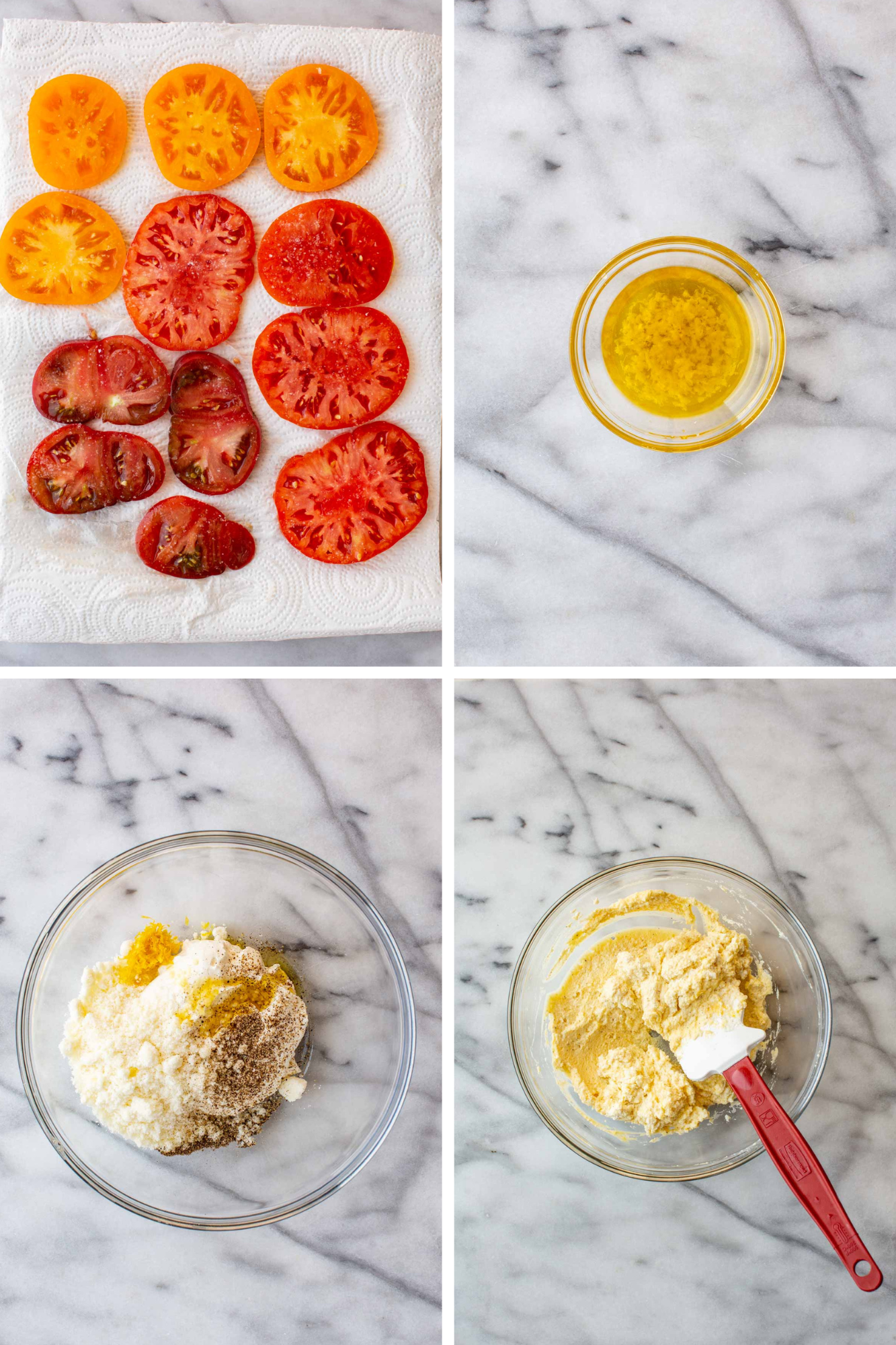 Four-panel process collage showing sliced heirloom tomatoes salted and draining on paper towels, garlic-infused olive oil in a small bowl, ricotta mixed with pecorino and seasonings in a bowl, and the finished ricotta filling.