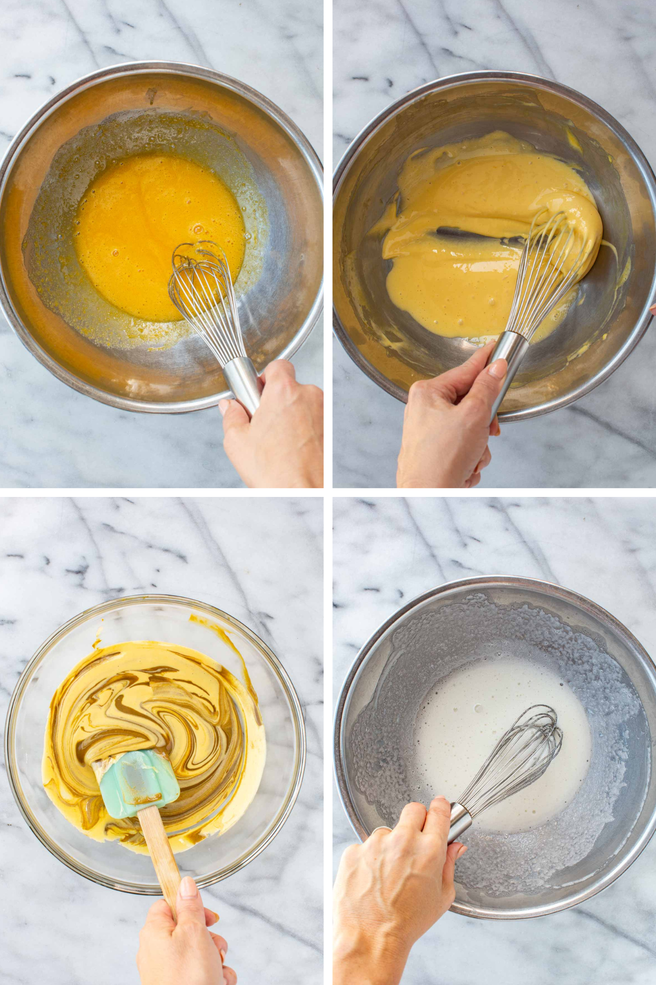 Four-panel process shot showing egg yolks being whisked, thickened into a pale custard, swirled with pistachio butter, and sugar being whisked into egg whites in a separate bowl.