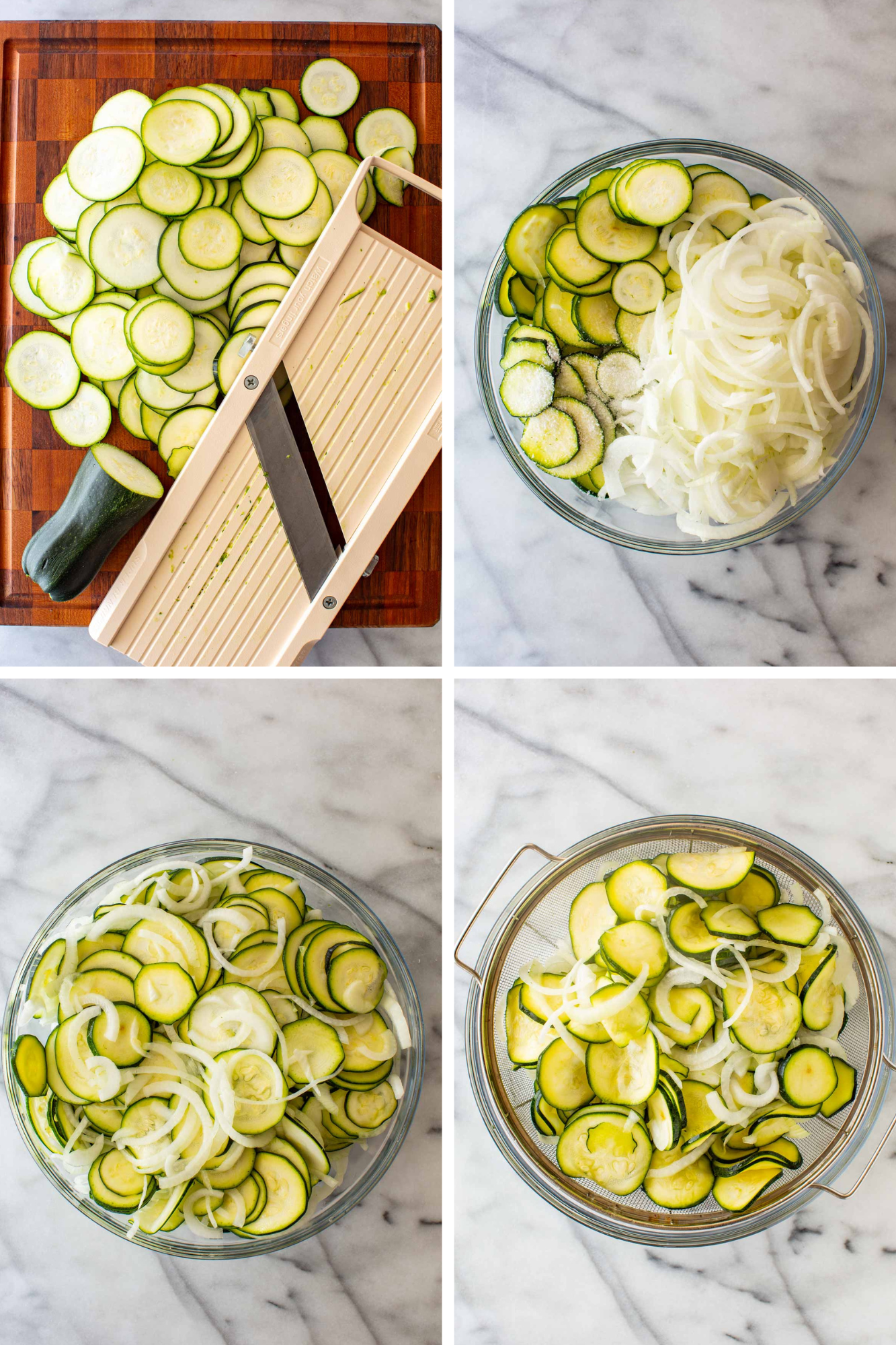 Four-photo sequence showing zucchini sliced thin on a mandoline, then combined with sliced onion and salted in a glass bowl, and finally draining in a colander.