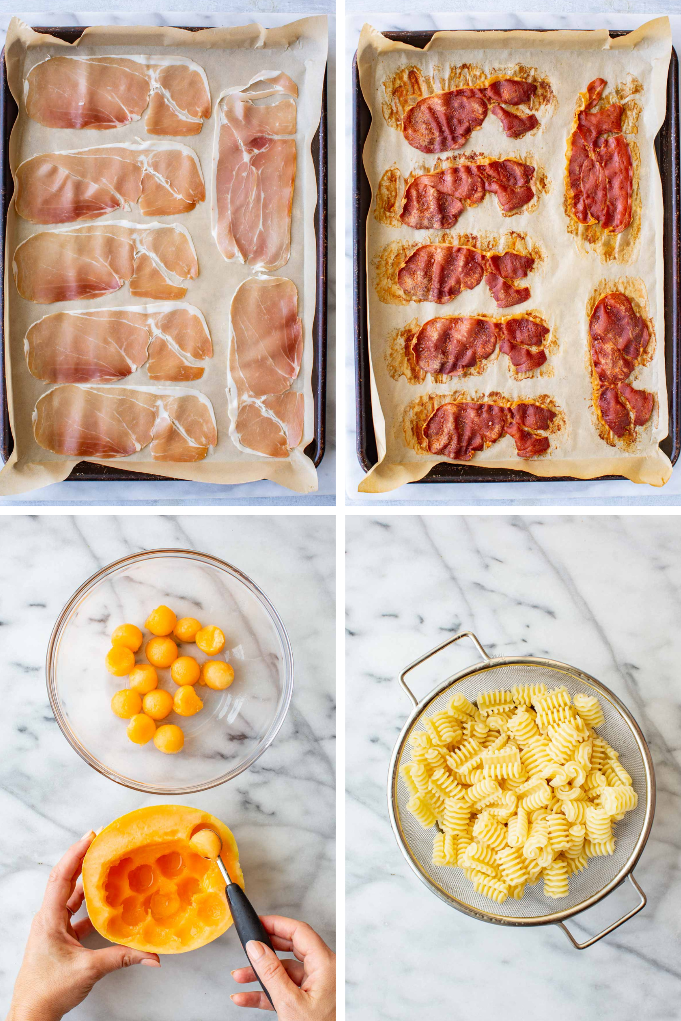 Four-panel process collage: raw prosciutto slices on a parchment-lined baking sheet; the same prosciutto baked crispy; a bowl of melon balls next to a hand scooping cantaloupe with a melon baller; cooked radiatori pasta draining in a colander.