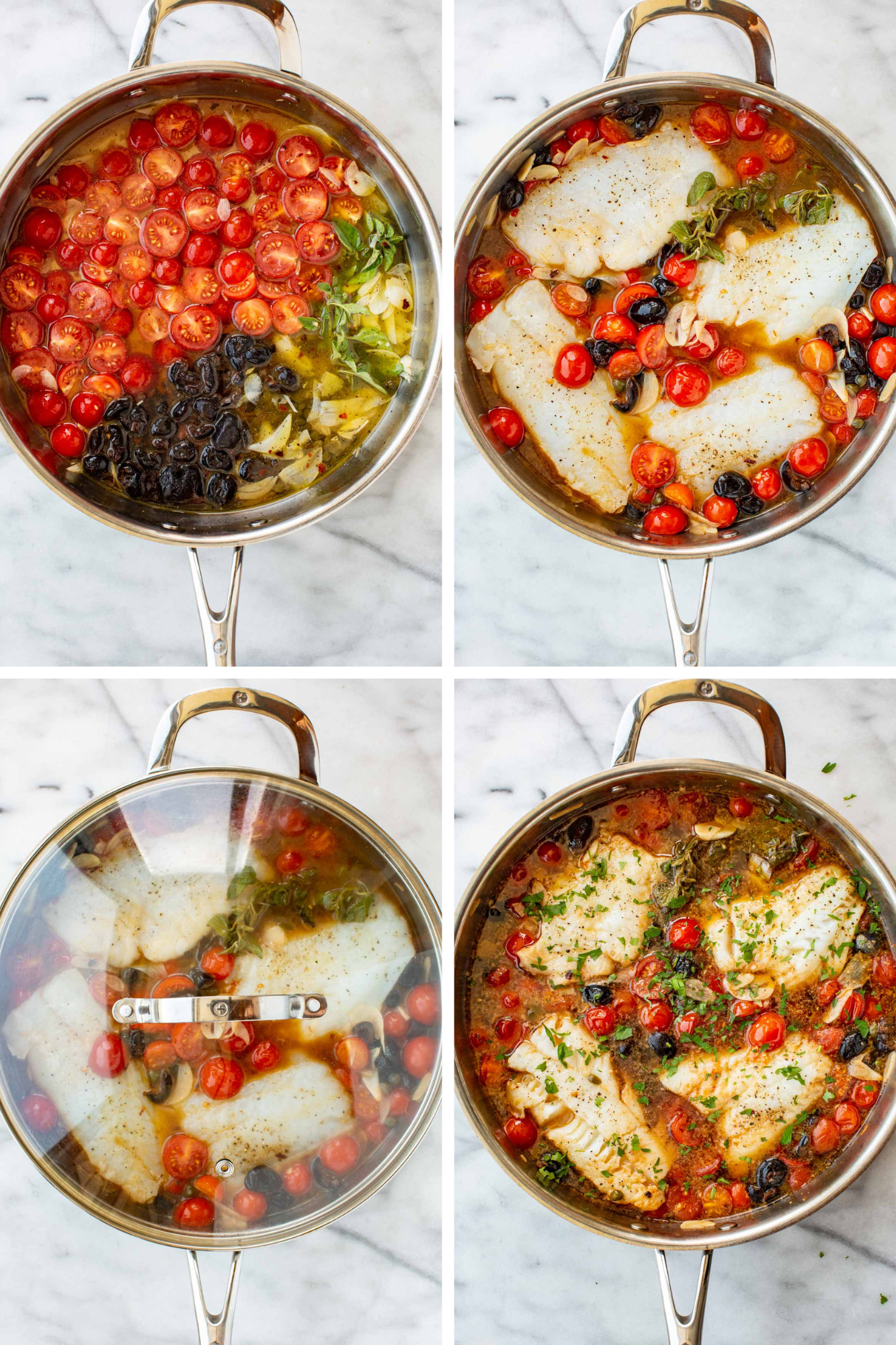 Four-step process collage showing cherry tomatoes and olives added to the skillet, fish fillets nestled into the broth, the pan covered to simmer, and the finished acqua pazza garnished with parsley.