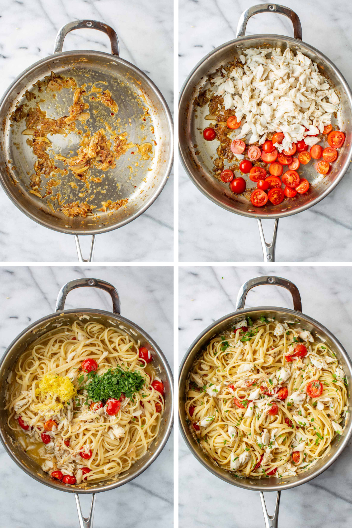 Four-step collage of cherry tomatoes and crab meat added to the skillet, then tossed with cooked linguine, lemon zest, and parsley.