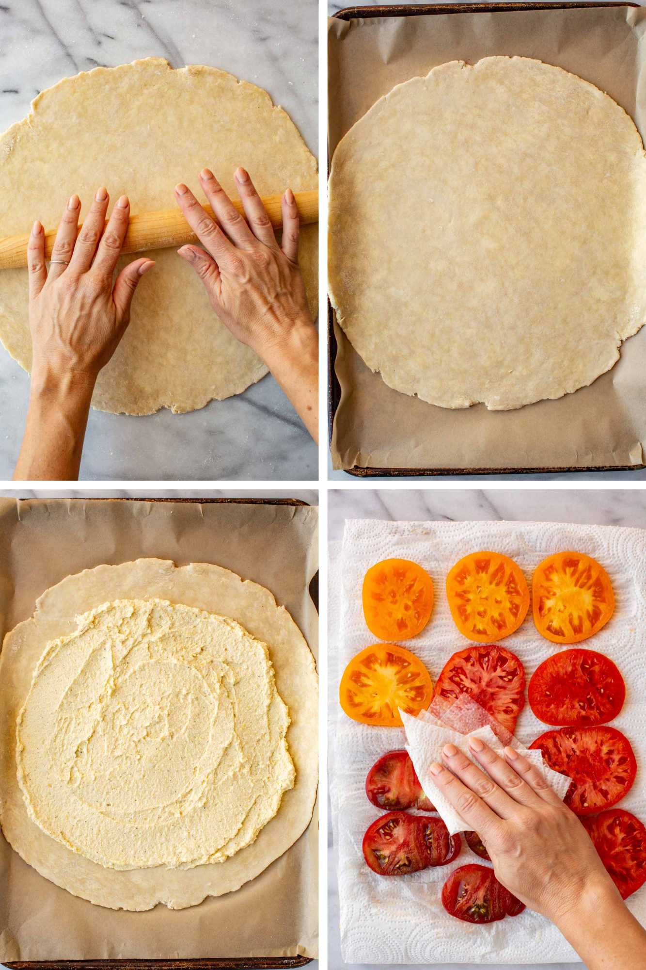 Four-panel process collage showing pie dough being rolled out, the rolled dough on a parchment-lined baking sheet, the ricotta filling spread over the dough, and salted tomato slices draining on paper towels.