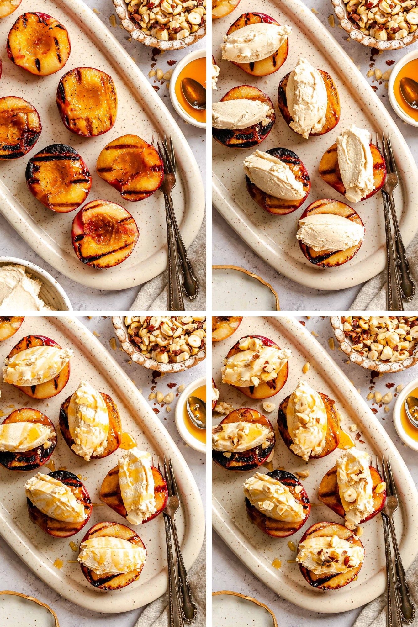 Four-photo collage of grilled peach halves on a speckled platter being topped with dollops of mascarpone cream, then finished with a scatter of chopped hazelnuts.