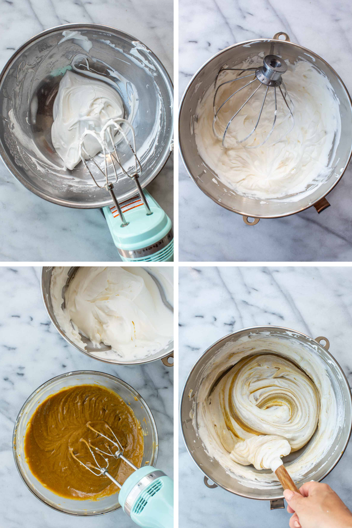 Four-panel process shot showing whipped egg whites reaching stiff peaks, then folded into the pistachio custard base until fully combined.