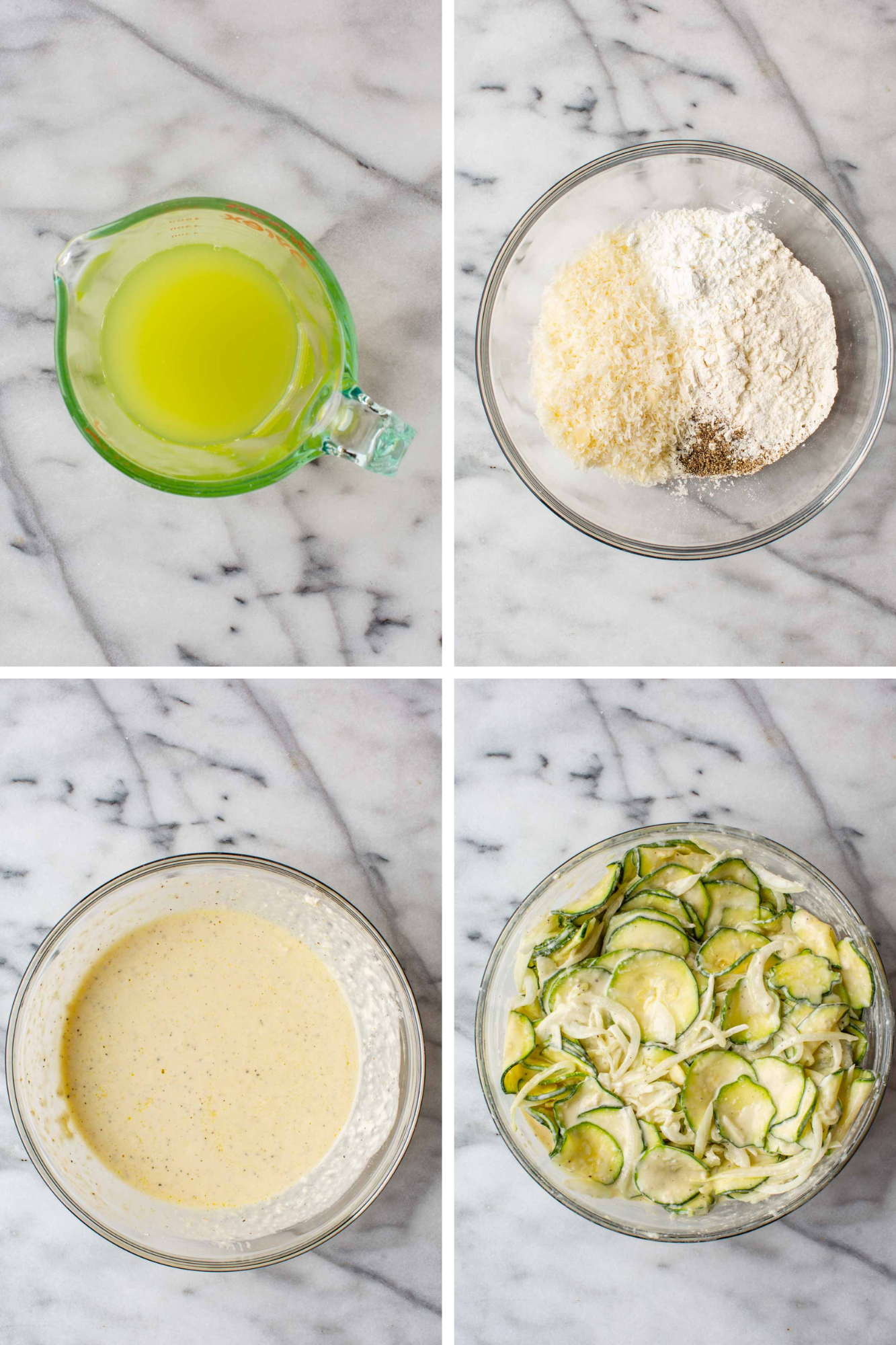 Four-photo sequence showing melted butter in a measuring cup, grated parmesan mixed with flour and pepper in a bowl, the batter whisked smooth, then folded together with the salted zucchini and onion.