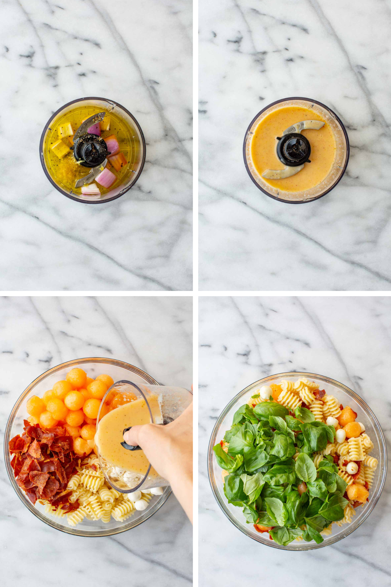 Four-panel process collage: shallot, lemon zest, and oil in a blender before mixing; the same ingredients blended into a smooth dressing; dressing being poured over melon, crispy prosciutto, mozzarella, and pasta in a glass bowl; fresh basil added on top of the assembled salad.