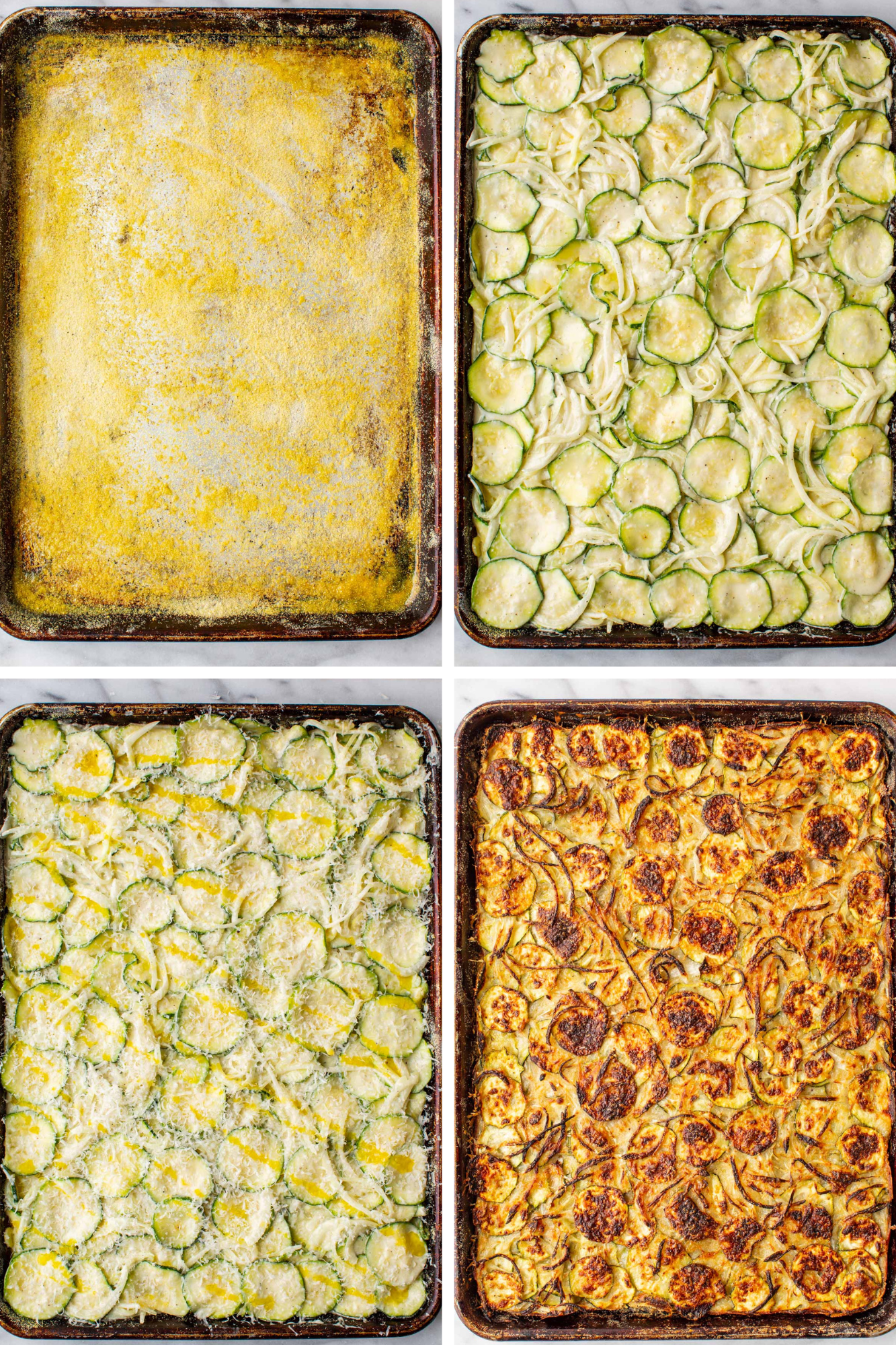 Four-photo sequence showing a sheet pan dusted with cornmeal, then spread with the zucchini and onion mixture, topped with parmesan and a drizzle of olive oil, and finally baked until deeply golden and crisp.