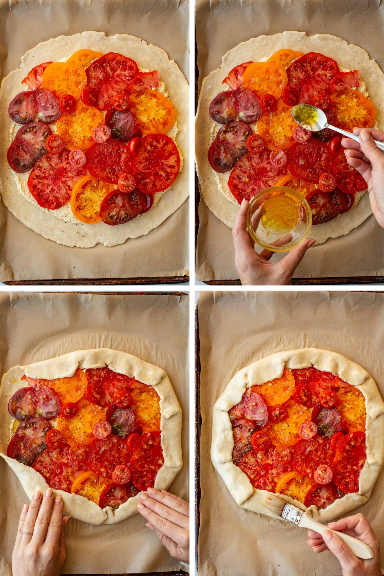 Four-panel process collage showing tomato slices arranged over the ricotta filling, garlic oil being spooned on top, the crostata edges folded up around the filling, and an egg wash being brushed onto the crust before baking.