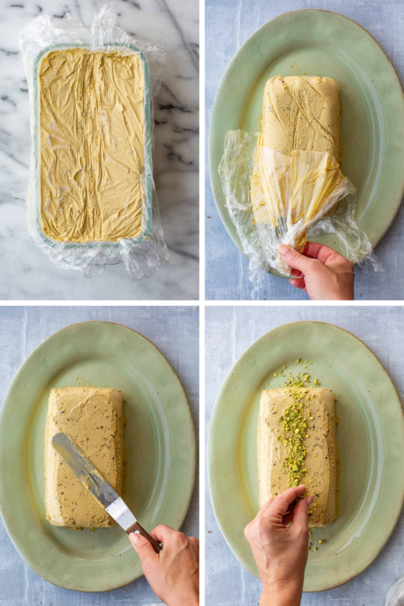 Four-panel process shot showing the filled loaf pan wrapped in plastic, then unmolded onto a platter, smoothed with an offset spatula, and topped with a line of crushed pistachios.