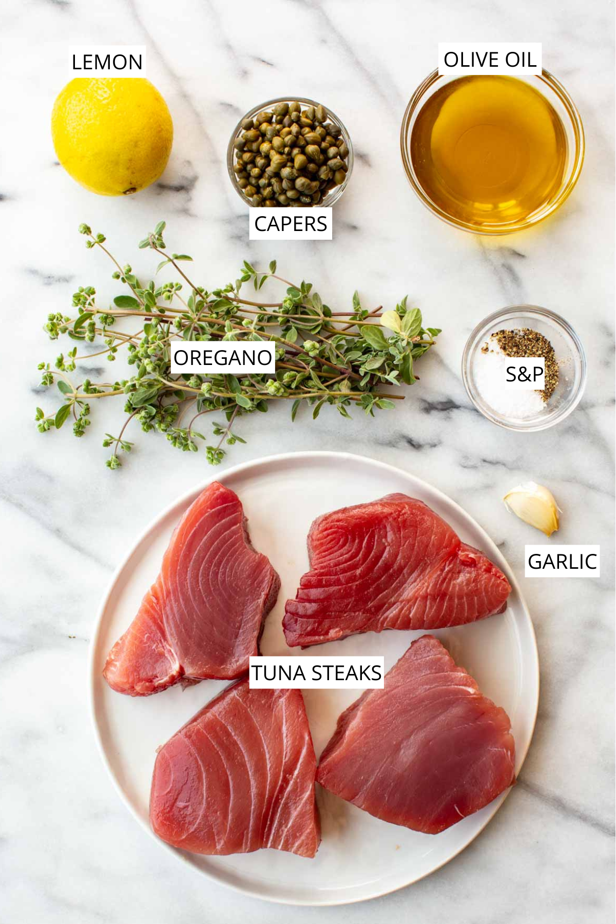 Overhead shot of grilled tuna ingredients showing tuna steaks, garlic, salt and pepper, oregano, olive oil, capers and lemon.
