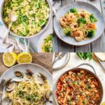 Four photos of summertime pasta recipes, including vegetable primavera, shrimp and broccoli pasta, linguine vongole, and roasted eggplant pasta.