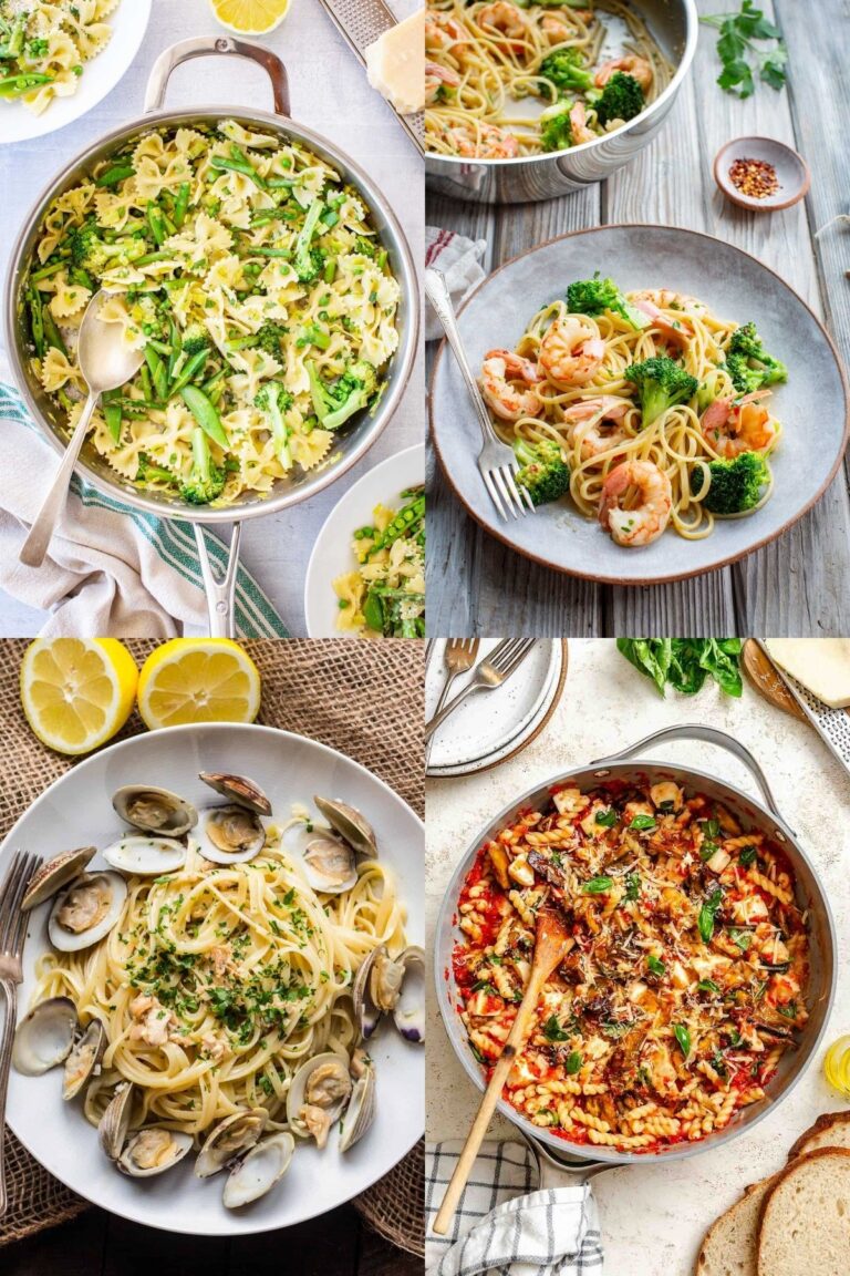 Four photos of summertime pasta recipes, including vegetable primavera, shrimp and broccoli pasta, linguine vongole, and roasted eggplant pasta.