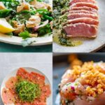 Four photos of the best fresh tuna recipes including an Italian green bean and tuna salad, pan seared tuna steaks, tuna carpaccio, and tuna tartare.