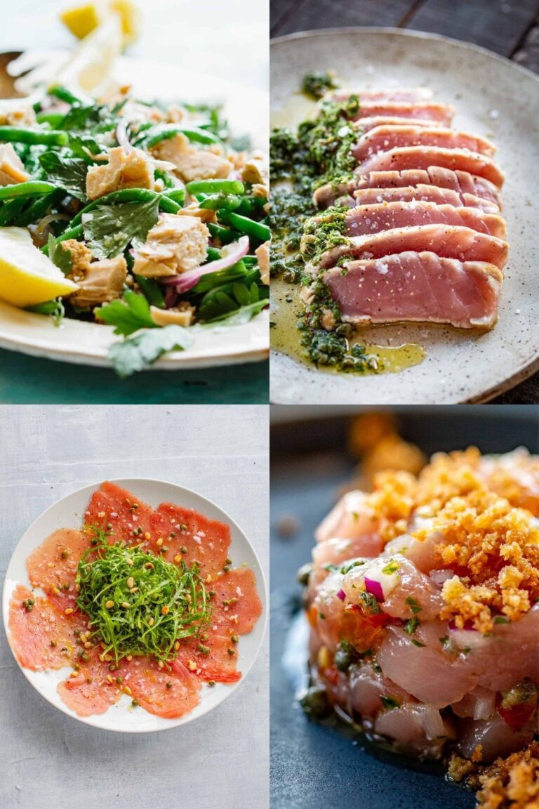 Four photos of the best fresh tuna recipes including an Italian green bean and tuna salad, pan seared tuna steaks, tuna carpaccio, and tuna tartare.