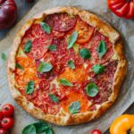 Overhead shot of the whole tomato crostata on parchment paper, surrounded by fresh whole heirloom tomatoes, cherry tomatoes, and basil leaves.