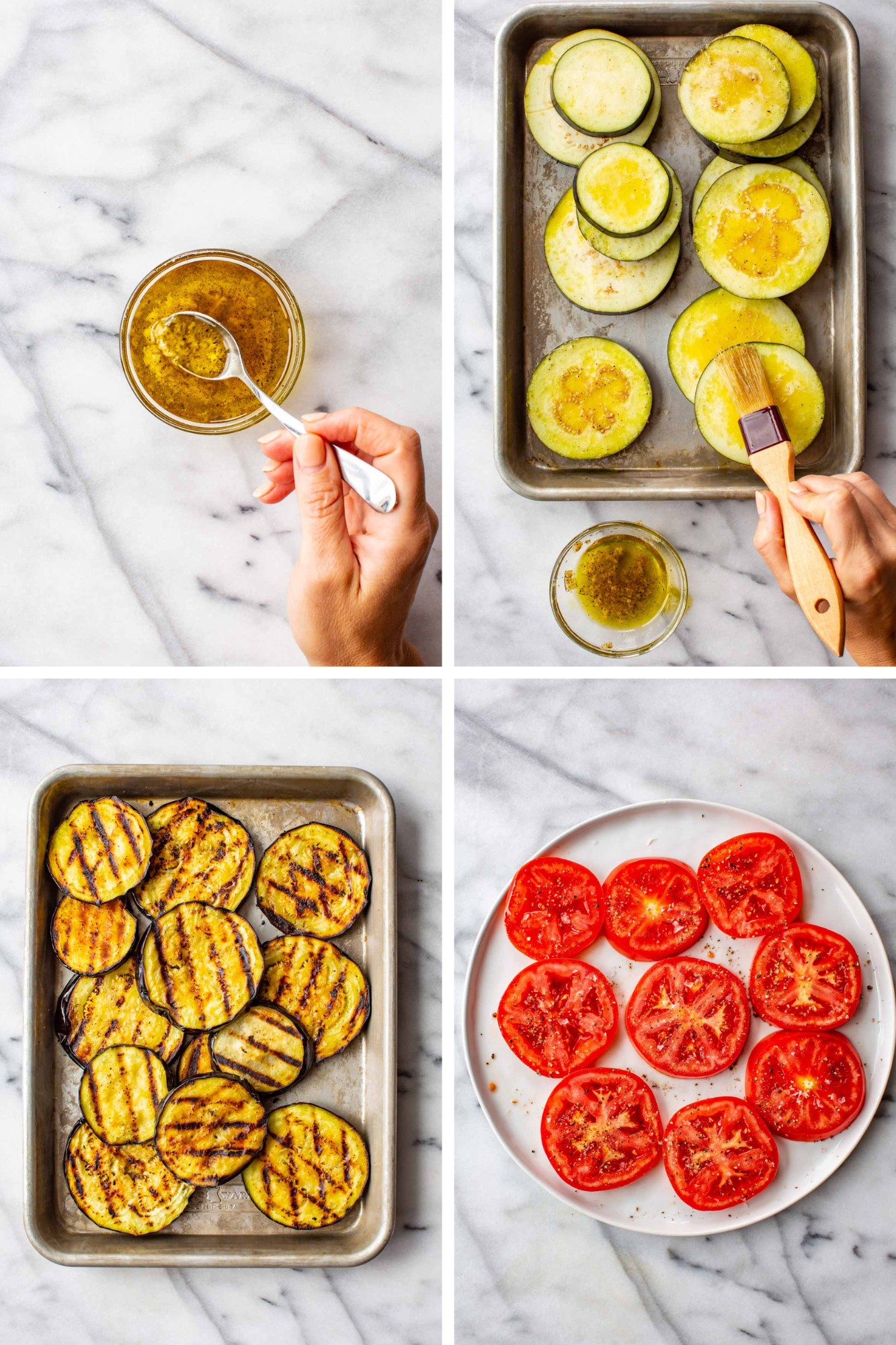 Four-photo grid showing balsamic vinaigrette being mixed, brushed onto eggplant slices, grilled eggplant, and seasoned tomato slices on a plate.