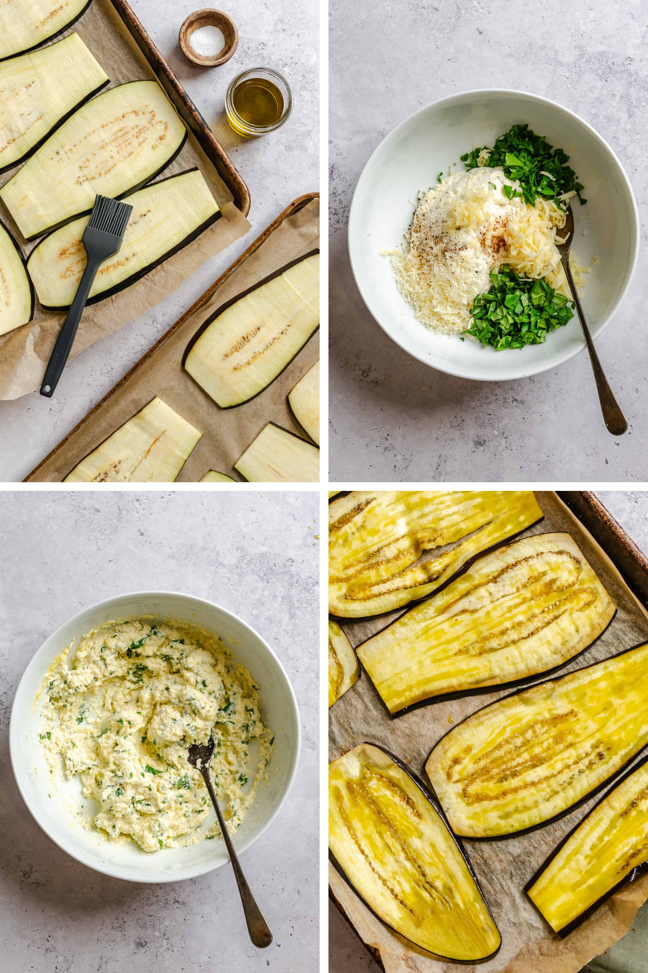 Four-step process of preparing eggplant rollatini: brushing eggplant slices with olive oil, mixing ricotta filling ingredients, combined ricotta mixture, and roasted eggplant slices ready to roll.