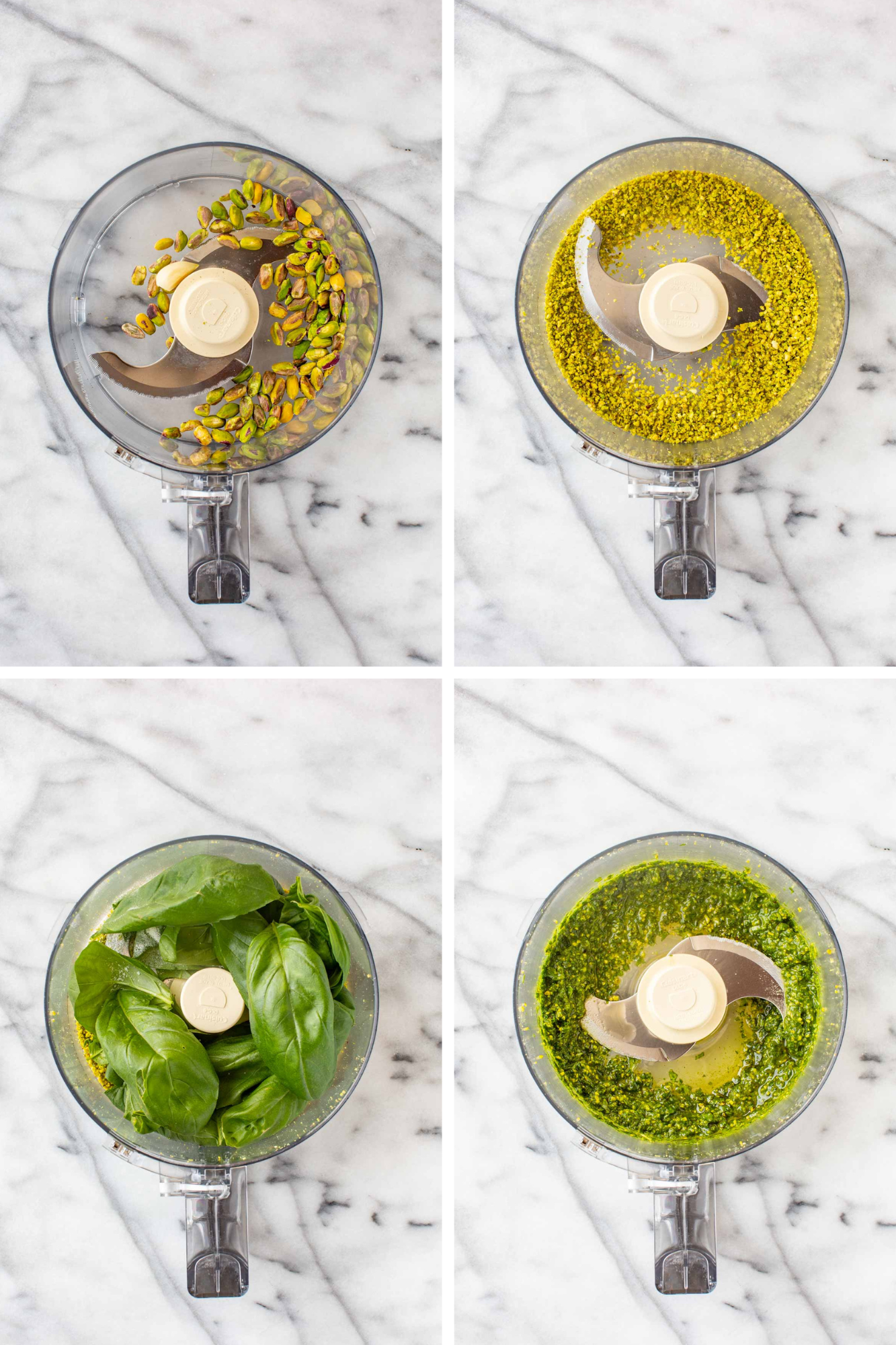 Four-panel collage showing pistachio pesto preparation in a food processor: raw pistachios and garlic before blending; finely ground pistachios; basil leaves added on top; and the finished green pesto blended smooth.