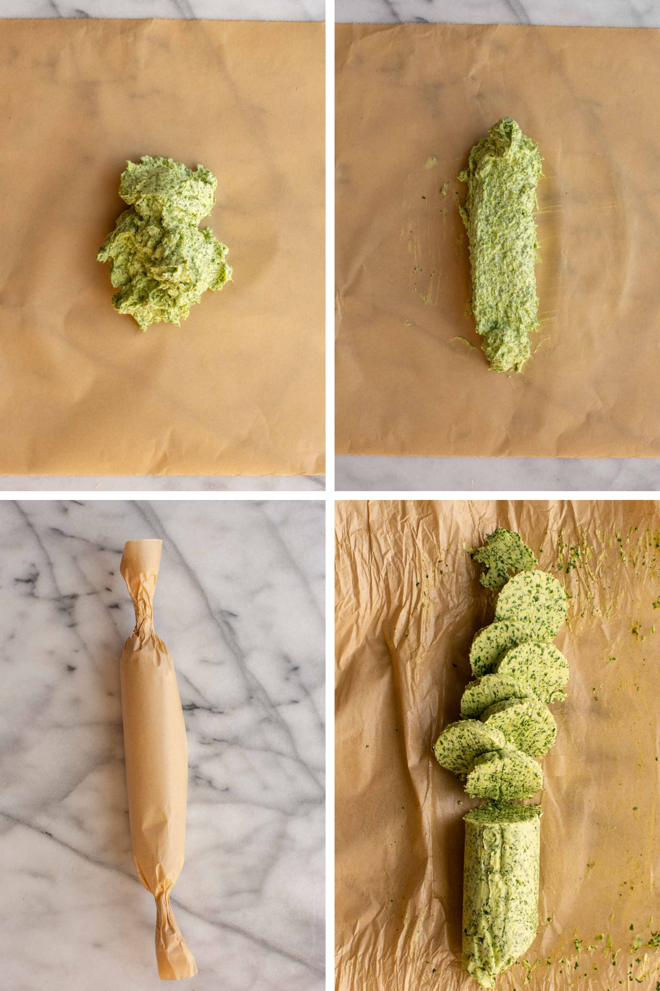Four-panel process shot of shaping basil butter into a log: the soft green butter mounded on parchment paper, rolled and shaped into a log, wrapped tightly in parchment, and sliced into rounds ready to serve.