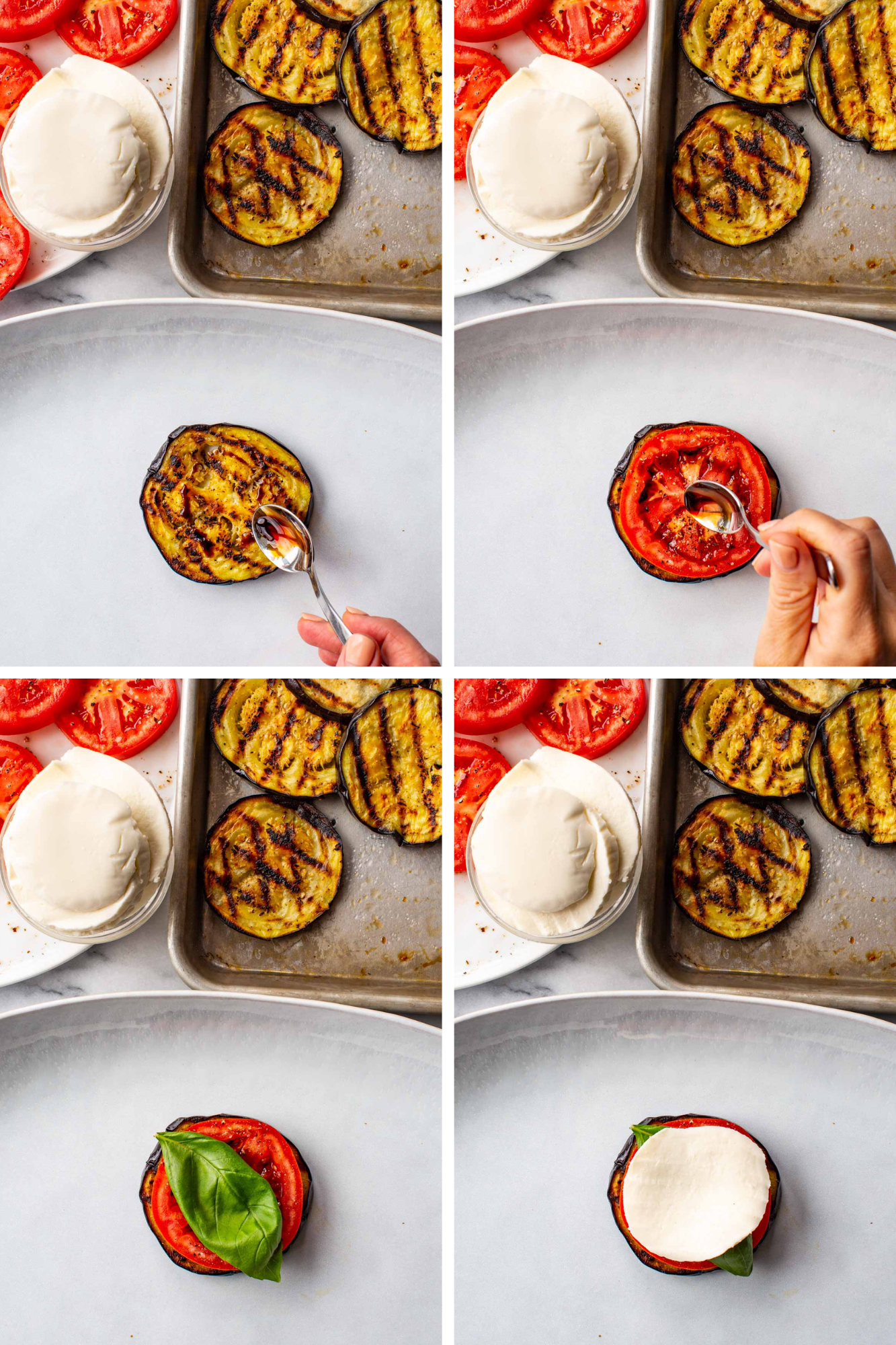 Four-photo grid showing the caprese assembly steps: balsamic drizzled on eggplant, tomato added, basil placed, and mozzarella topped.