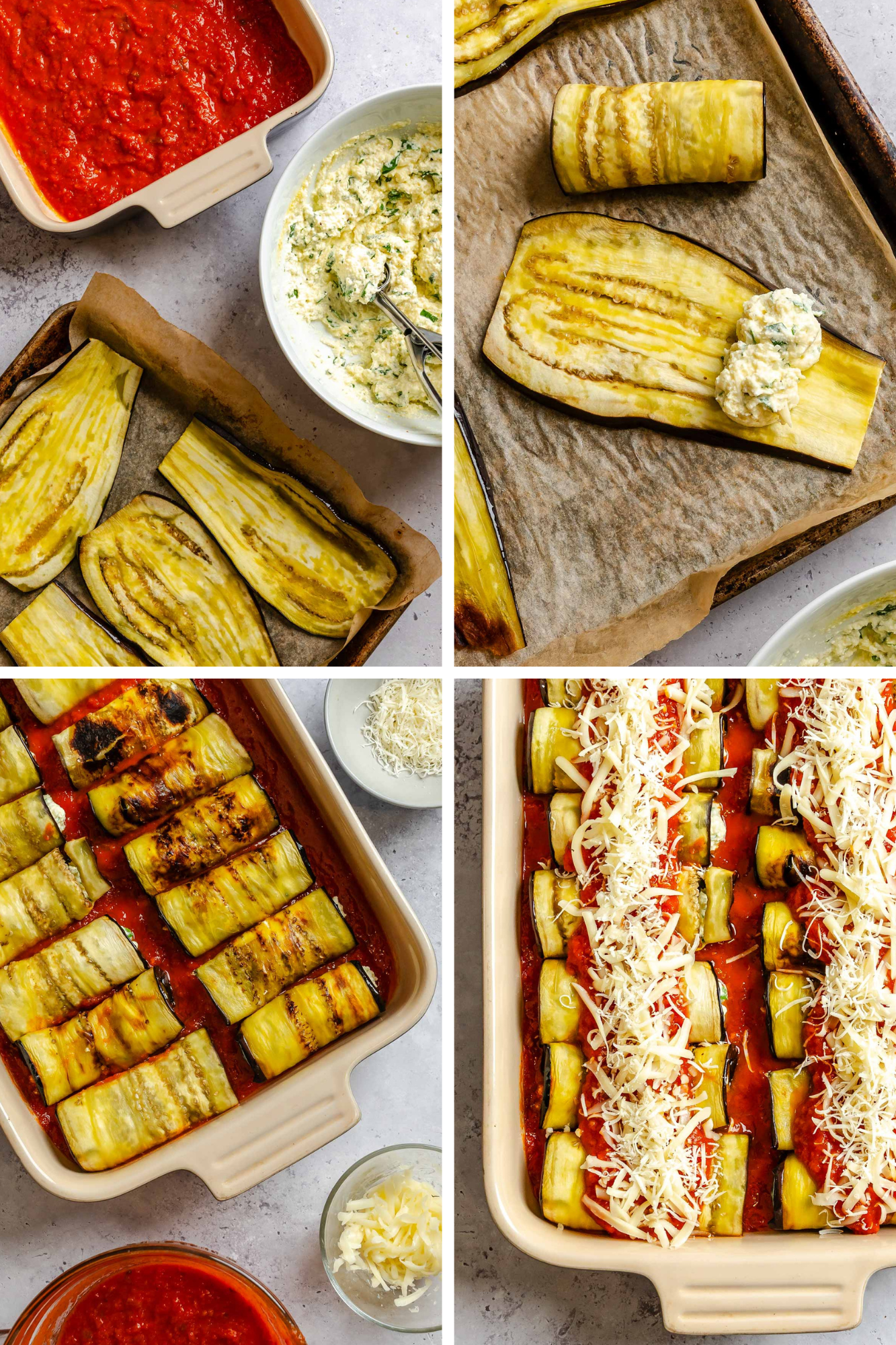Four-step process of assembling eggplant rollatini: roasted eggplant slices, adding ricotta filling, rolled eggplant arranged over marinara in a baking dish, and topped with shredded cheese before baking.