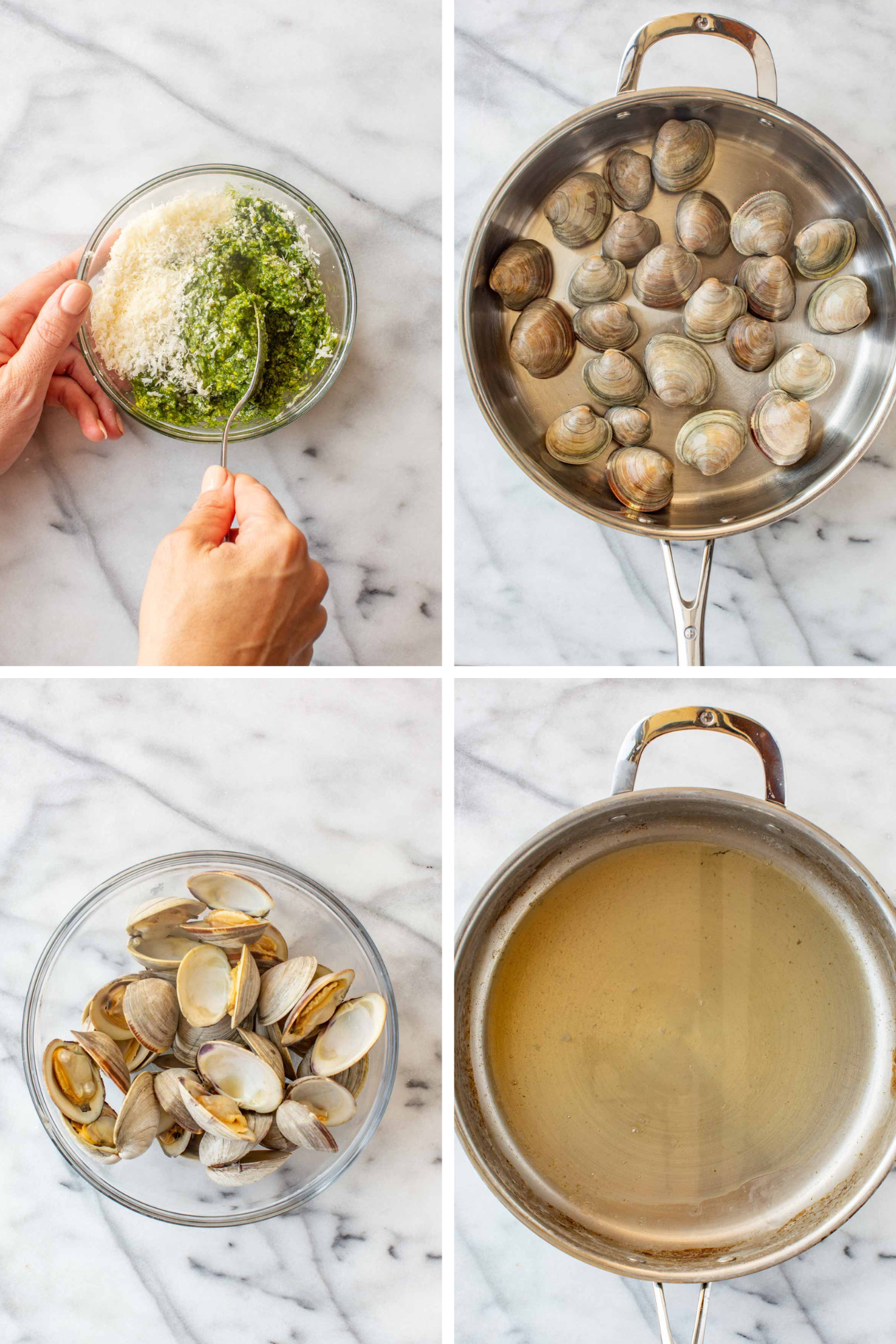 Four-panel collage showing clam prep: a hand stirring grated Parmigiano into pistachio pesto in a glass bowl; raw clams arranged in a steel pan; a glass bowl of steamed open clams; and the resulting clam cooking broth in the pan.