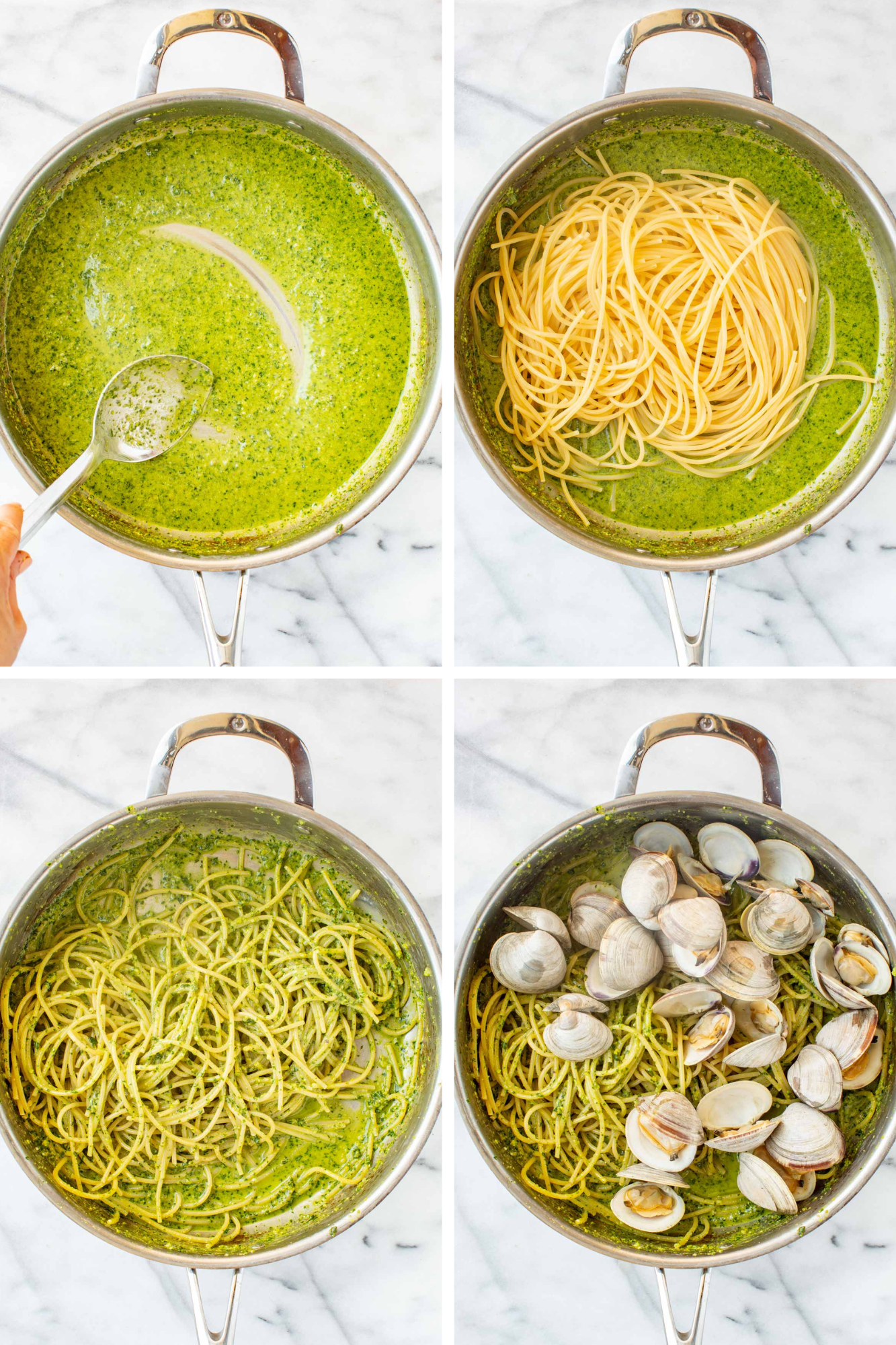 Four-panel collage showing pasta assembly: pistachio pesto being stirred with a spoon in a skillet with clam broth; dry spaghetti added to the green sauce; spaghetti tossed and coated in pesto; and the finished dish with clams added on top.