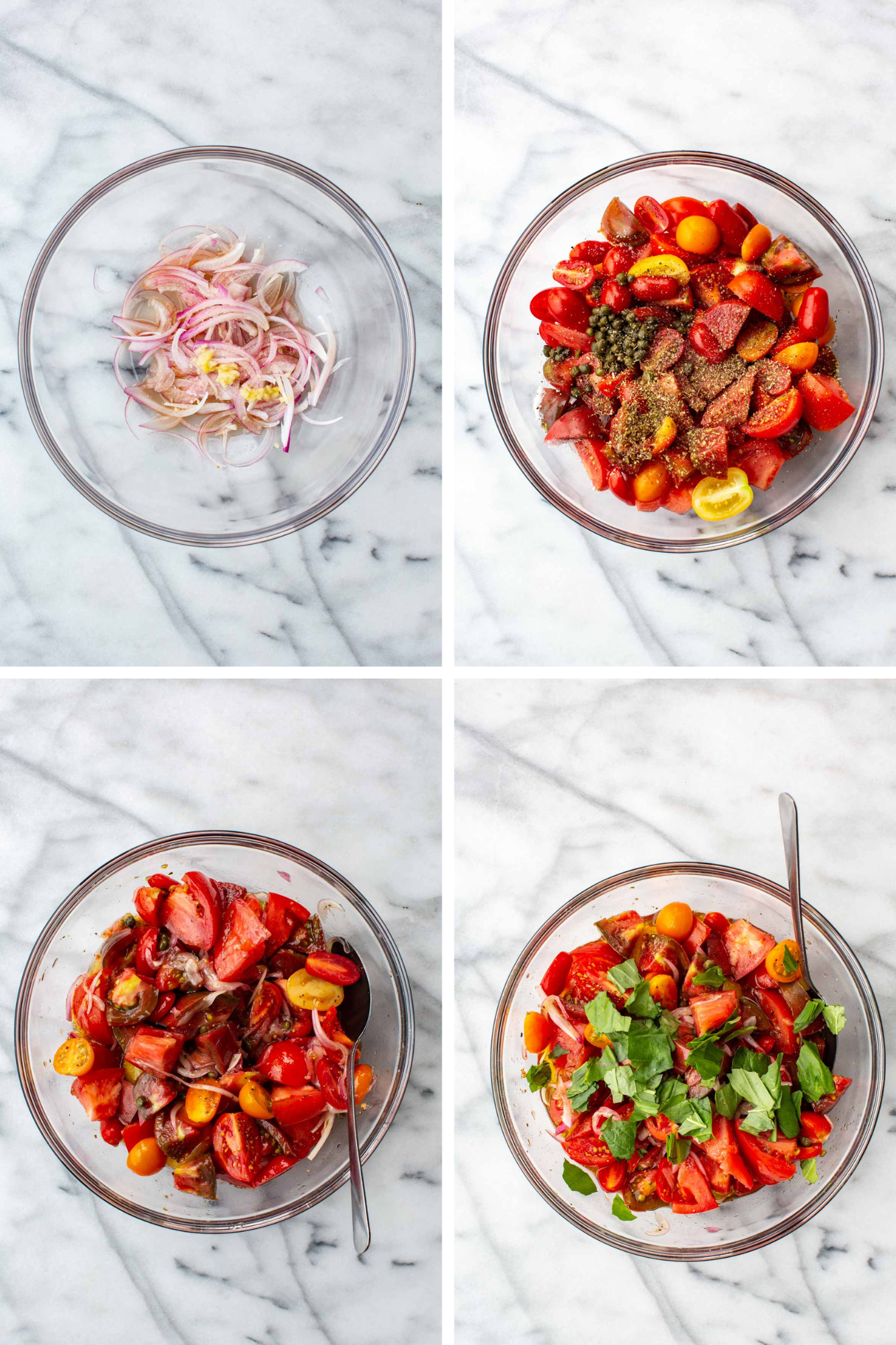 Four-photo grid showing thinly sliced red onions with garlic and vinegar in a bowl, then adding sliced tomatoes, capers, olive oil, oregano, seasonings to marinate. Then marinated tomatoes are mixed with fresh basil.
