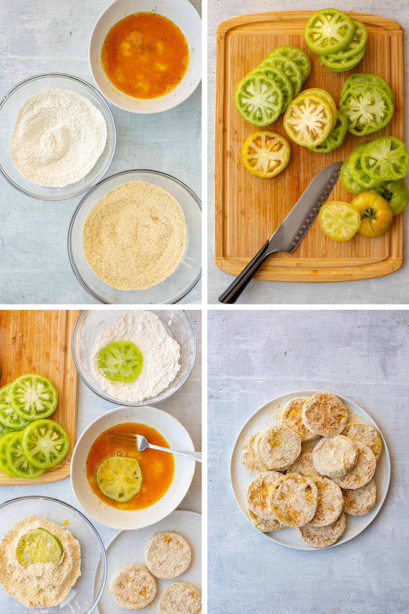 Four-panel collage showing the fried green tomato breading process: flour and cornmeal bowls with egg wash, sliced green tomatoes on a cutting board, a tomato slice being dredged through flour and egg, and breaded tomato slices ready to fry on a plate.