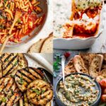 Four photos of the best eggplant recipes including eggplant pasta, eggplant parmesan, grilled marinated eggplant, and eggplant dip.