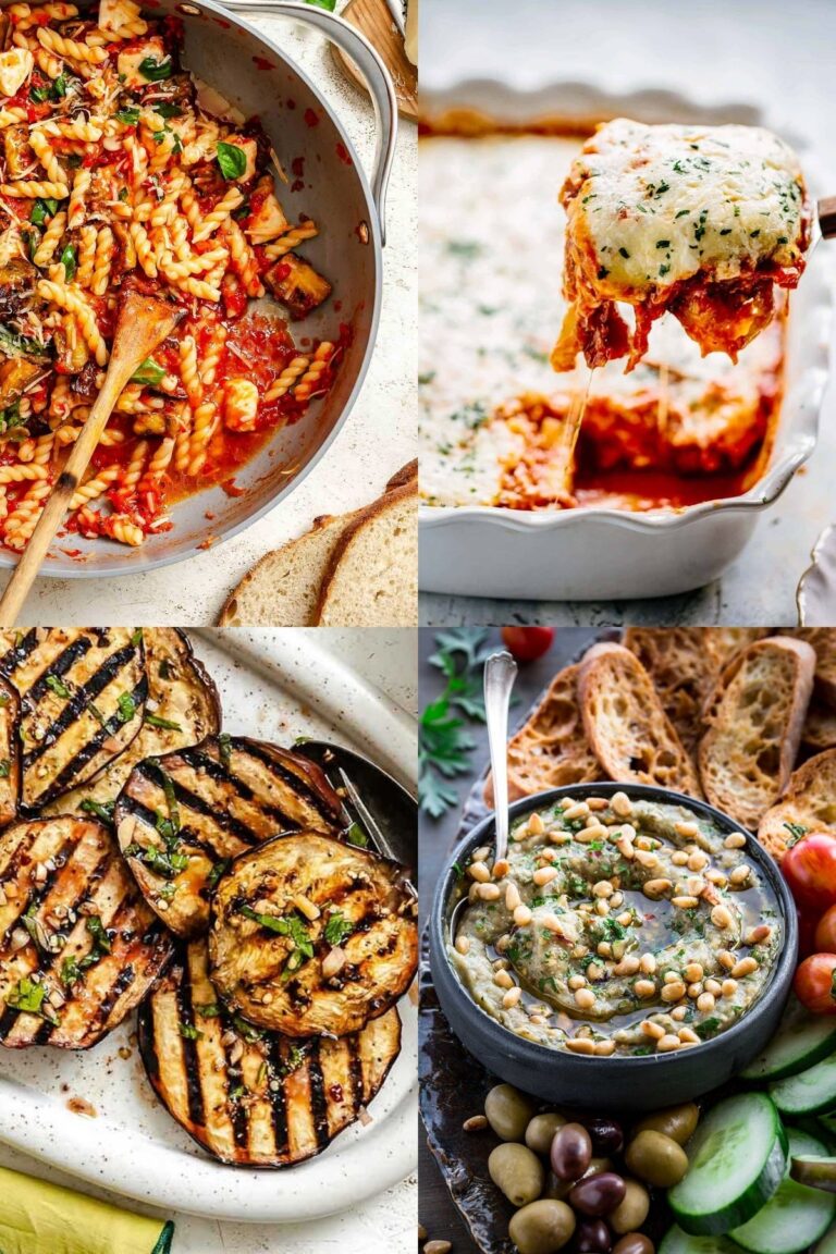 Four photos of the best eggplant recipes including eggplant pasta, eggplant parmesan, grilled marinated eggplant, and eggplant dip.