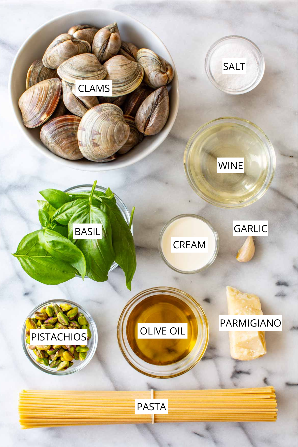 Overhead flat-lay of labeled ingredients for spaghetti with clams and pistachio pesto: clams, salt, wine, basil, cream, garlic, pistachios, olive oil, Parmigiano, and spaghetti, arranged on a marble surface.