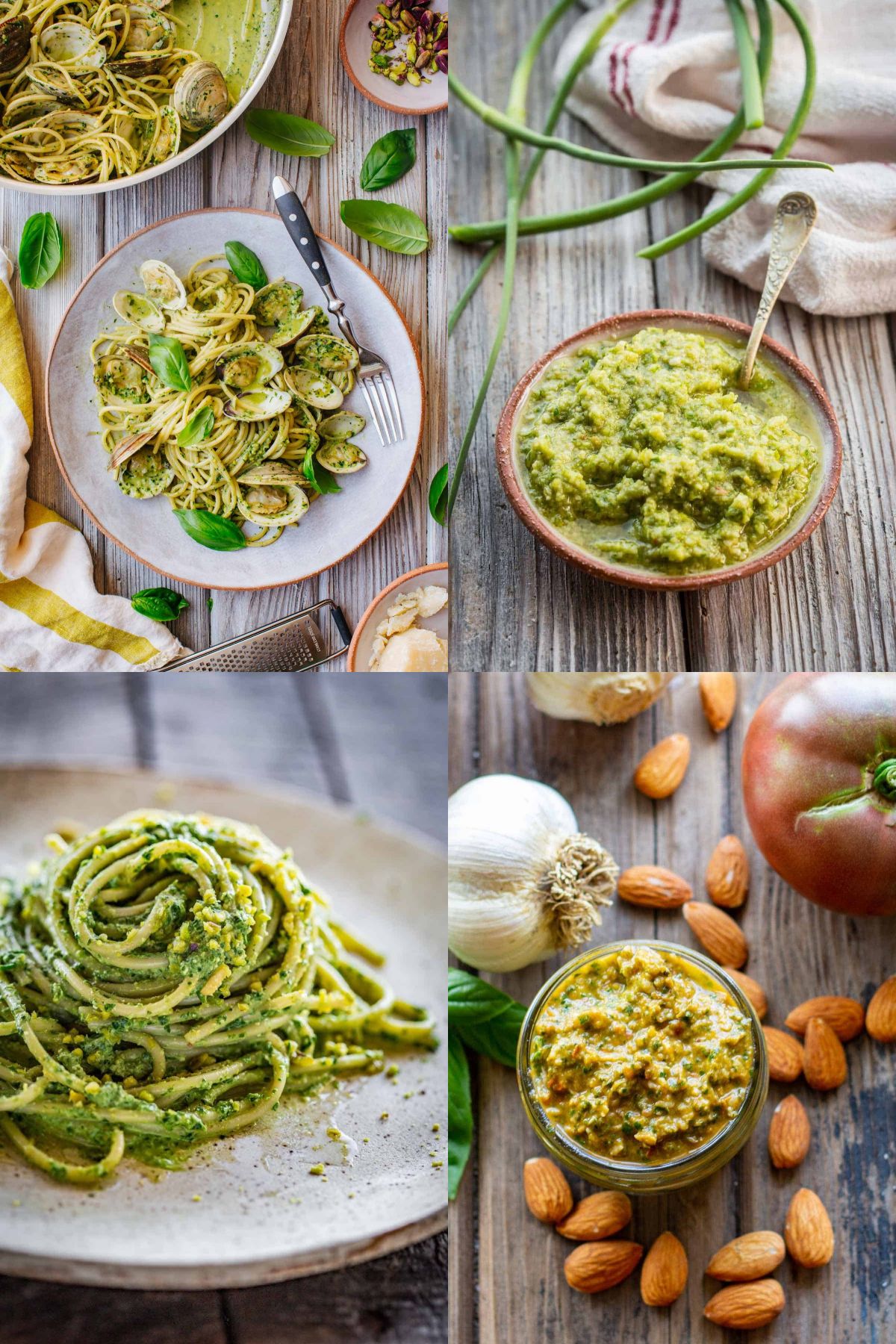 Four photos of pesto recipes including pistachio pesto clam pasta, garlic scape pesto, pistachio pesto, and Sicilian Pesto alla Trapanese with almonds.