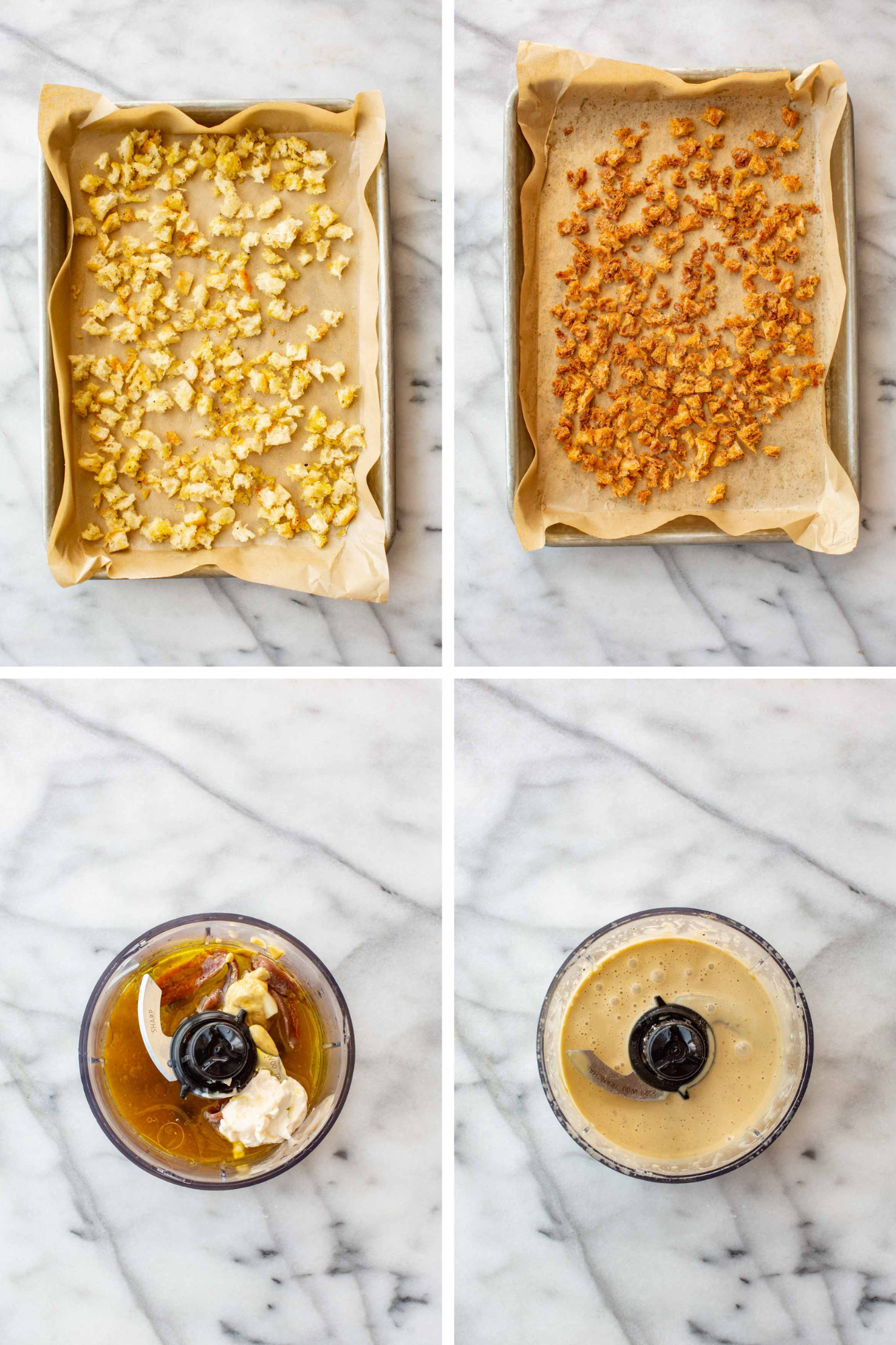 Four-panel process shot showing torn bread cubes on a parchment-lined sheet pan before and after toasting until golden and crisp, alongside Caesar dressing ingredients in a food processor before and after blending into a smooth, pale gold emulsion.