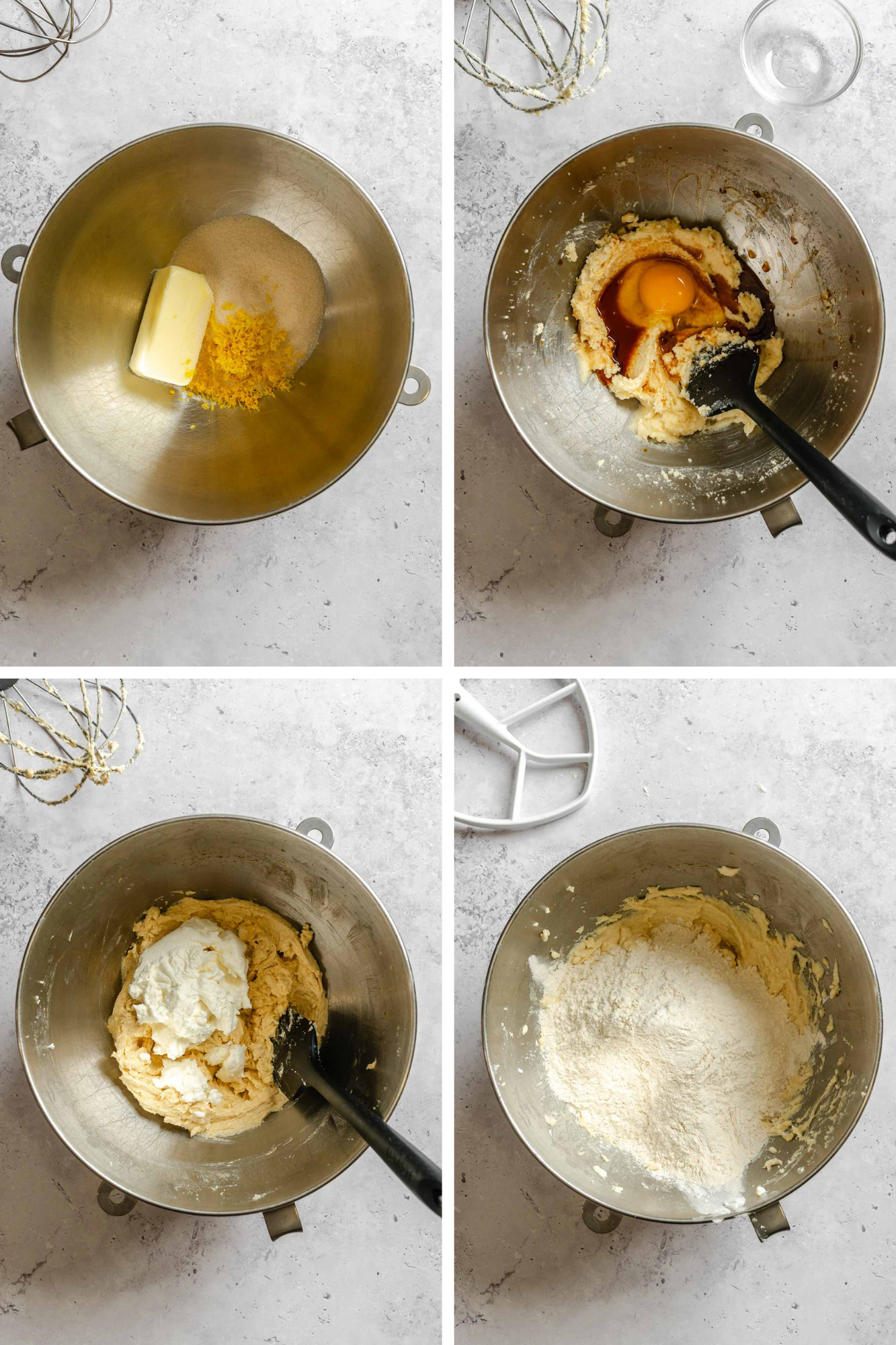 Four-panel process shot: creaming butter, sugar, and lemon zest; mixing in egg and vanilla; folding in ricotta; adding flour to the dough.