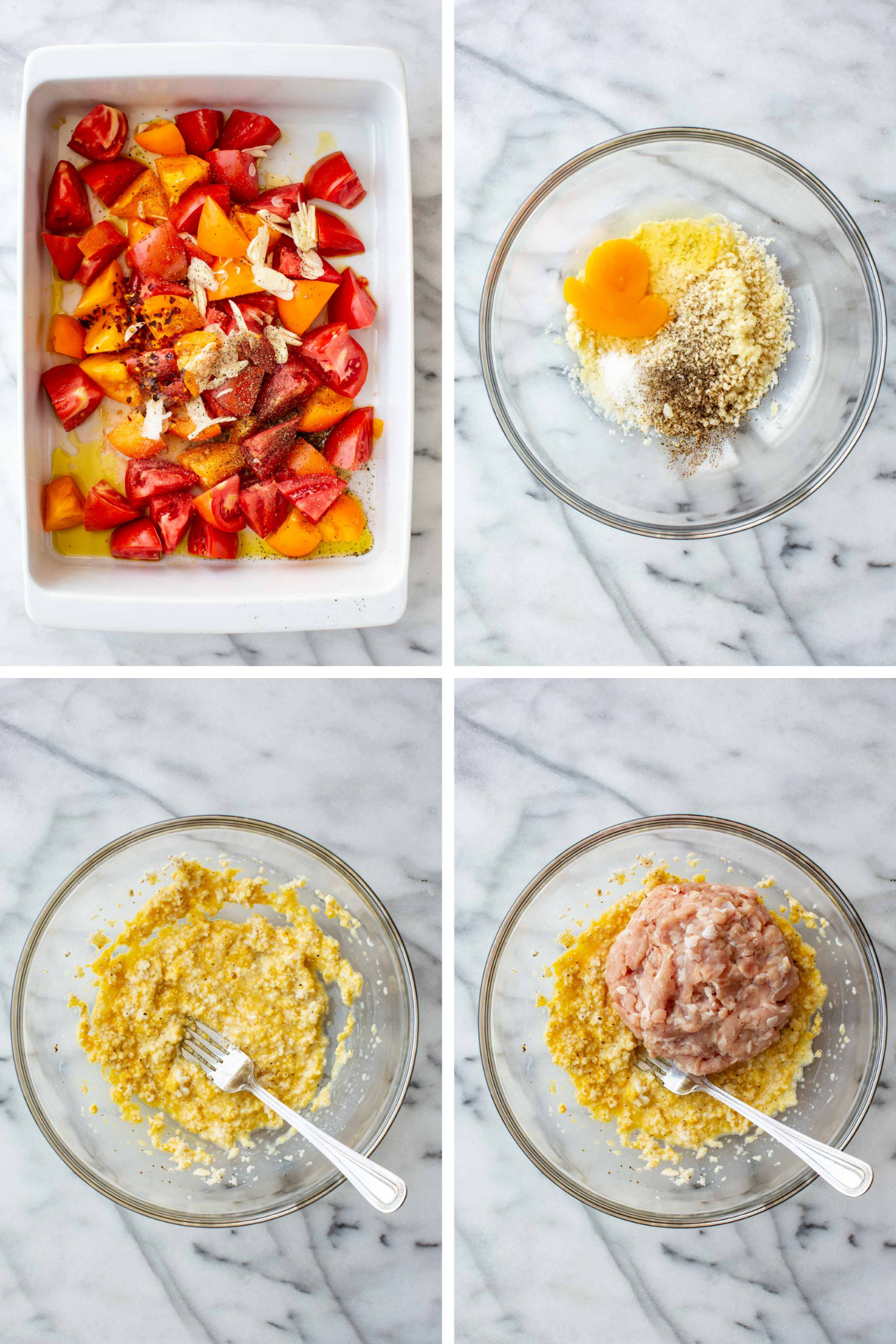 Four-panel process shot: sliced tomatoes with olive oil and garlic, ready to go in the oven; milk-soaked panko mixed with egg, Pecorino, garlic, salt and black pepper; panko mixture with ground chicken in a bowl.