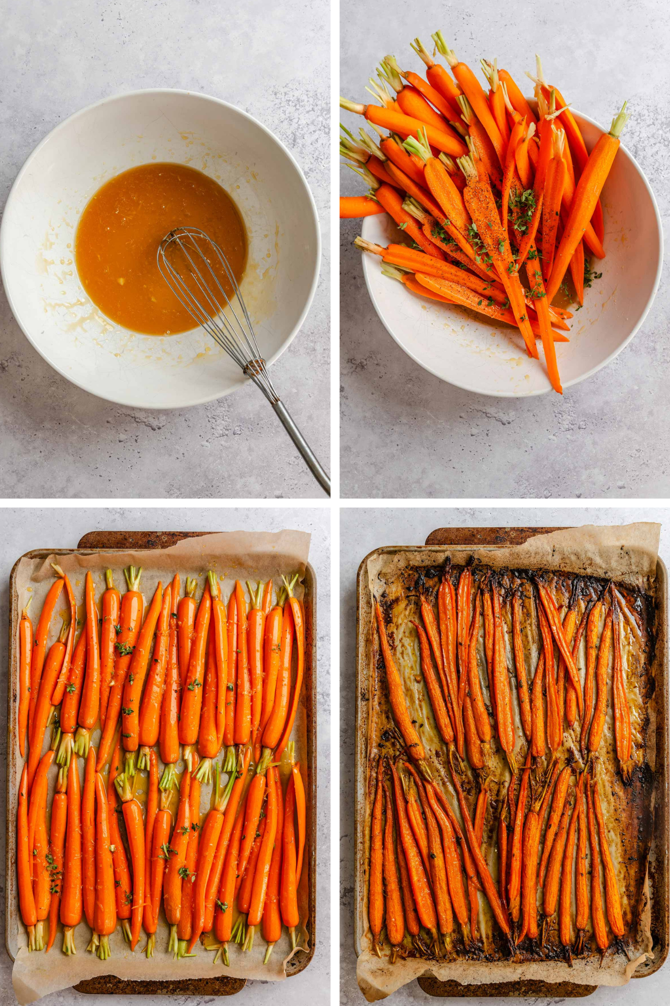Four-panel process shot: prepped honey mixture for carrots, carrots bathed in honey, carrots arranged over a baking sheet, ready for the oven; roasted and caramelized carrots after baking.