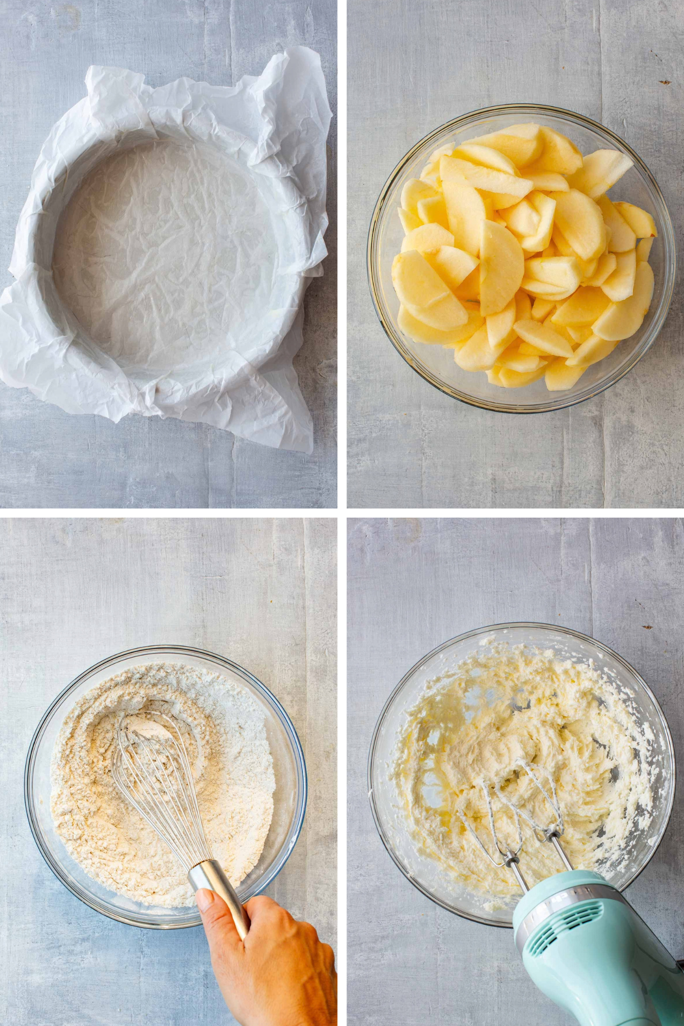 Four steps for Italian apple cake: a parchment-lined round cake pan, a bowl of sliced peeled apples, dry ingredients being whisked, and butter and sugar creamed with a hand mixer.