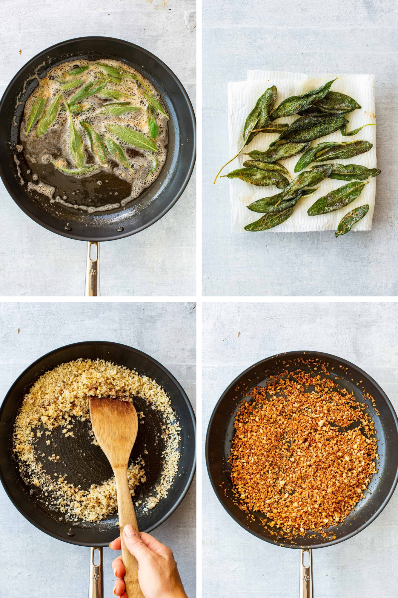 Four-photo grid showing sage leaves frying in butter, crispy fried sage leaves draining on paper towel, panko breadcrumbs toasting in a skillet with a wooden spoon, and the finished golden-brown toasted panko topping.