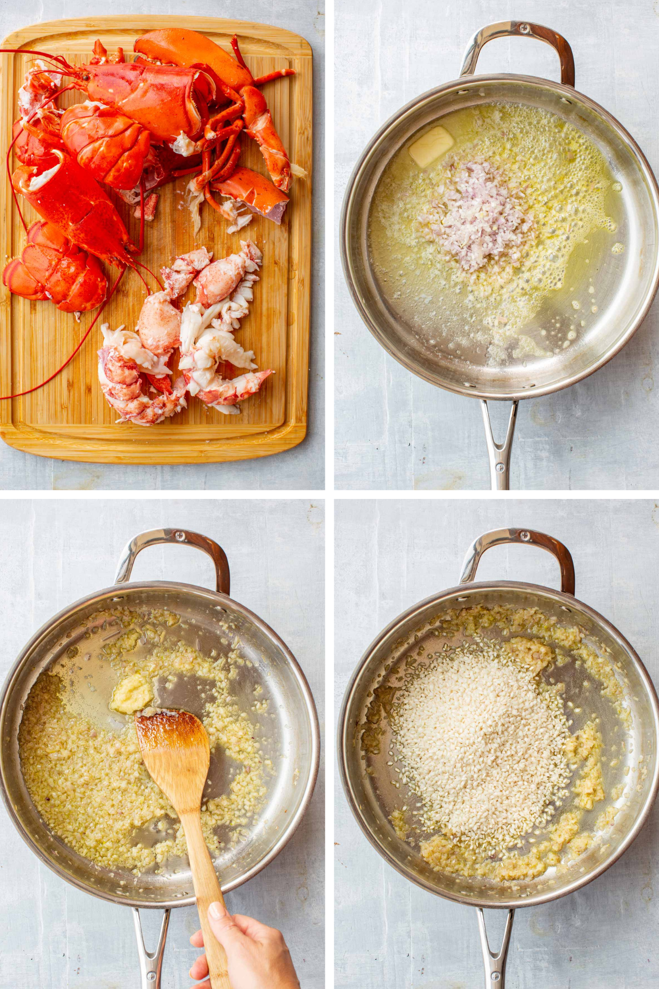 Four-panel process shot: picked lobster meat and shells on a wooden board; butter melting in a steel pan with minced shallot added; shallot and garlic sautéing in butter with a wooden spoon; risotto rice added to the pan and being toasted.