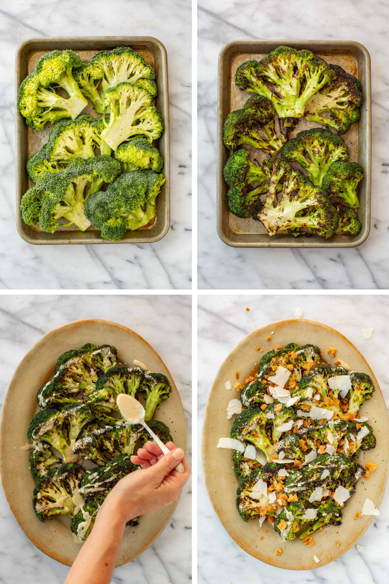 Four-panel process shot of broccoli "steaks" on a sheet pan before and after grilling to charred and tender, then being drizzled with Caesar dressing and finished with croutons and shaved Parmigiano on an oval platter.
