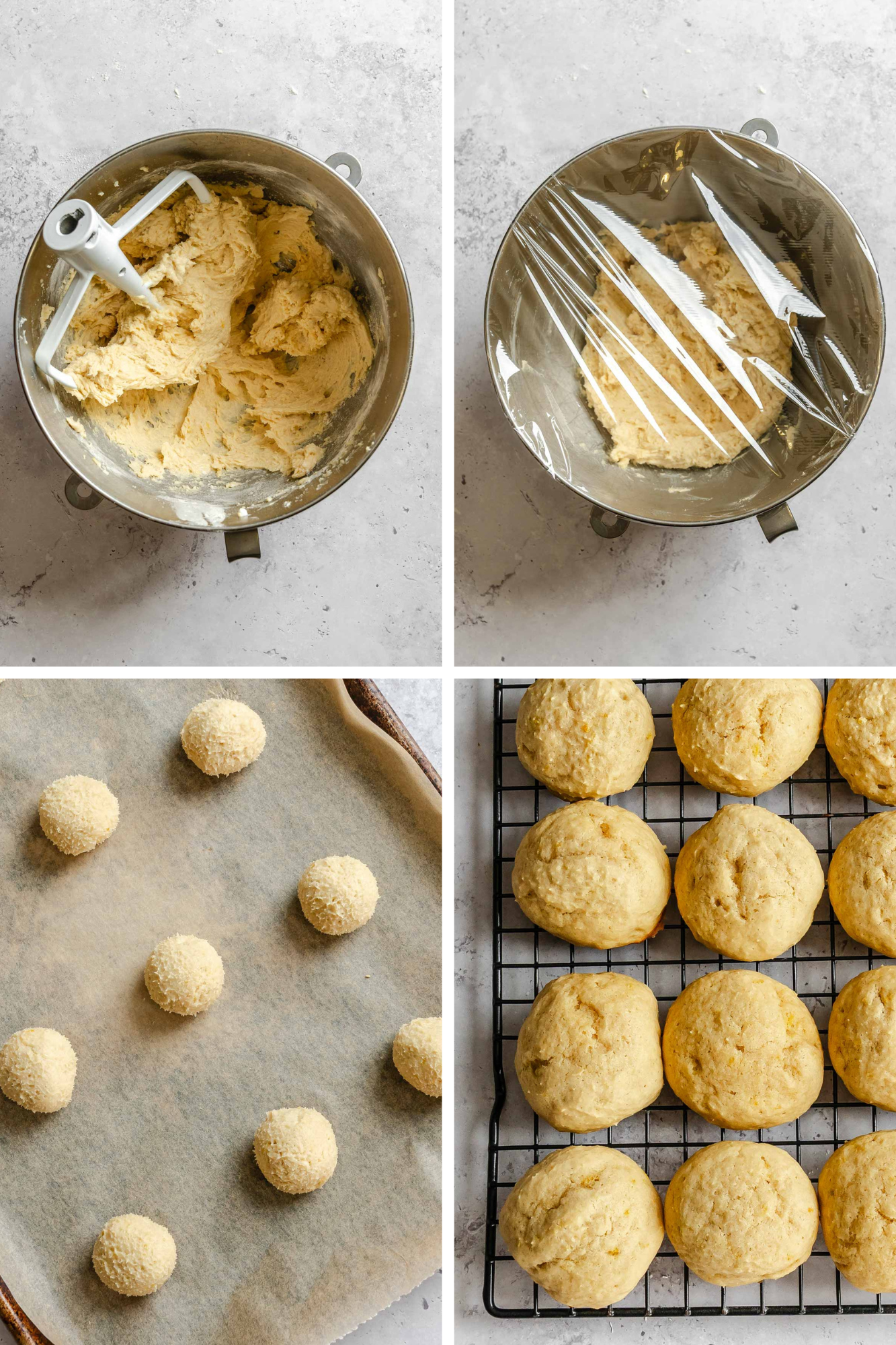 Four-panel process shot: mixed ricotta cookie dough, dough covered with plastic wrap for chilling, rolled dough balls on a parchment-lined tray, and baked cookies cooling on a wire rack.