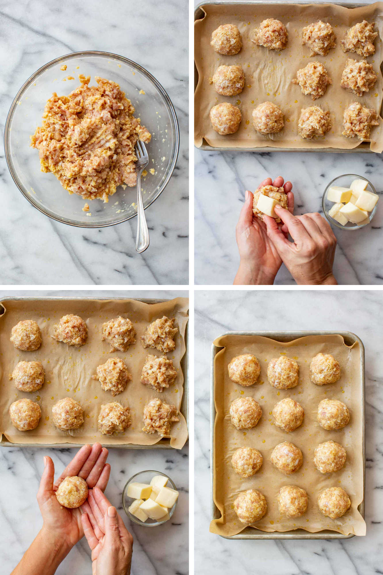 Four-panel process shot: ground chicken mixture ready to form meatballs; chicken mixture divided into 12 meatballs; hands filling meatballs with mozzarella; stuffed meatballs ready to go in the oven.