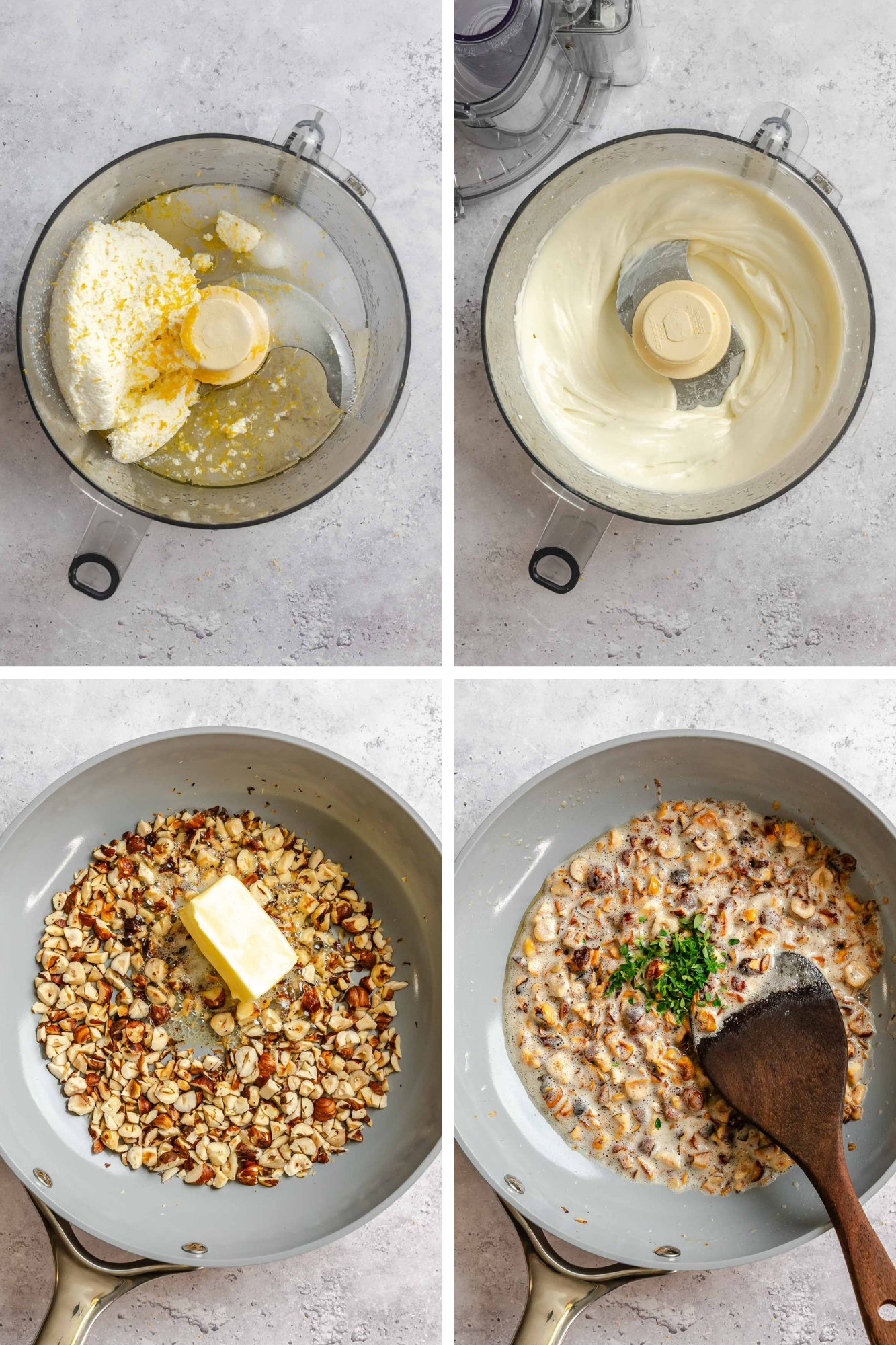 Four-panel process shot: whipped ricotta in food processor, chopped hazelnuts with butter browning in a skillet.