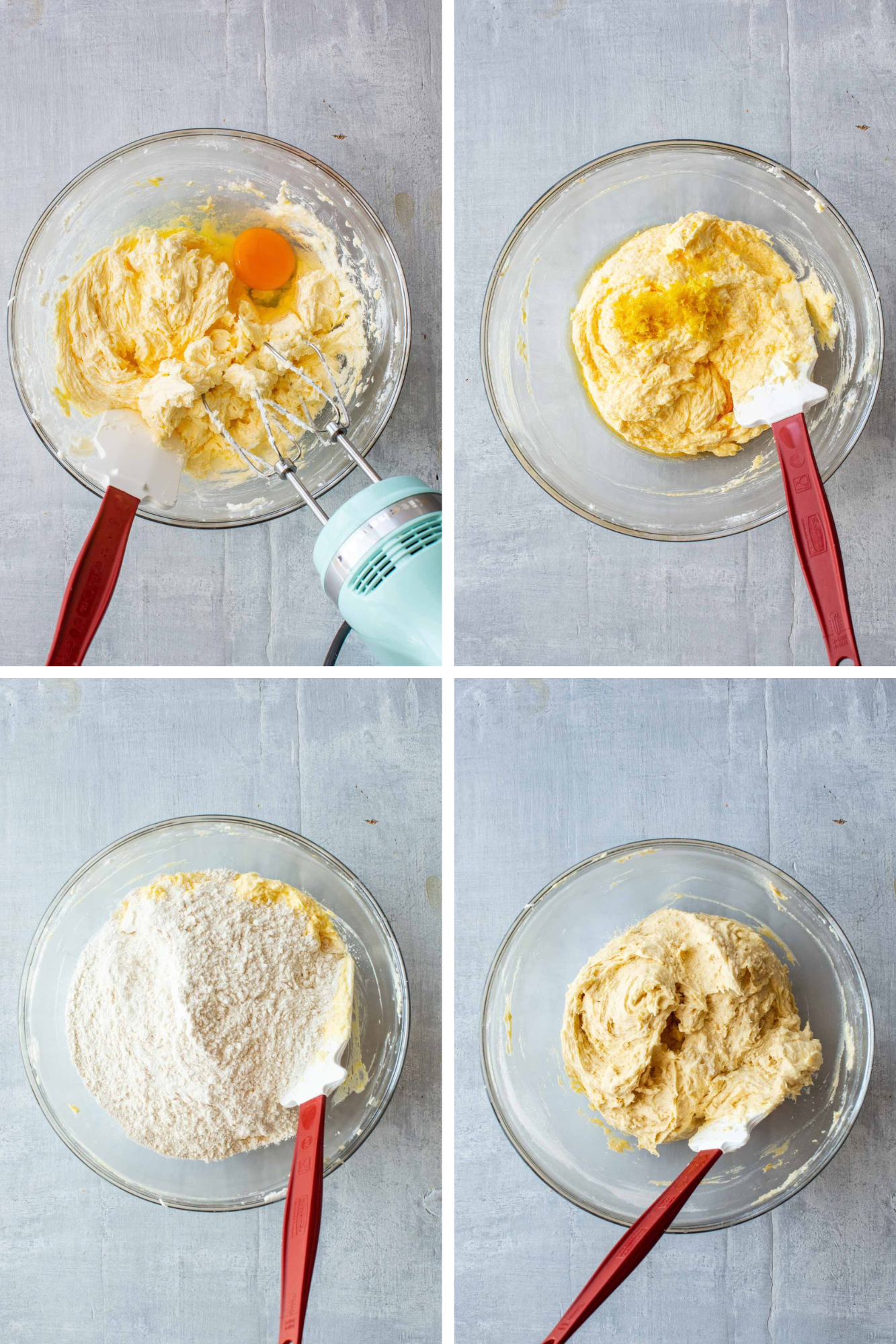 Four steps for Italian apple cake batter: an egg added to the creamed butter mixture, batter after mixing in egg and zest, flour added to the batter, and the batter fully combined.