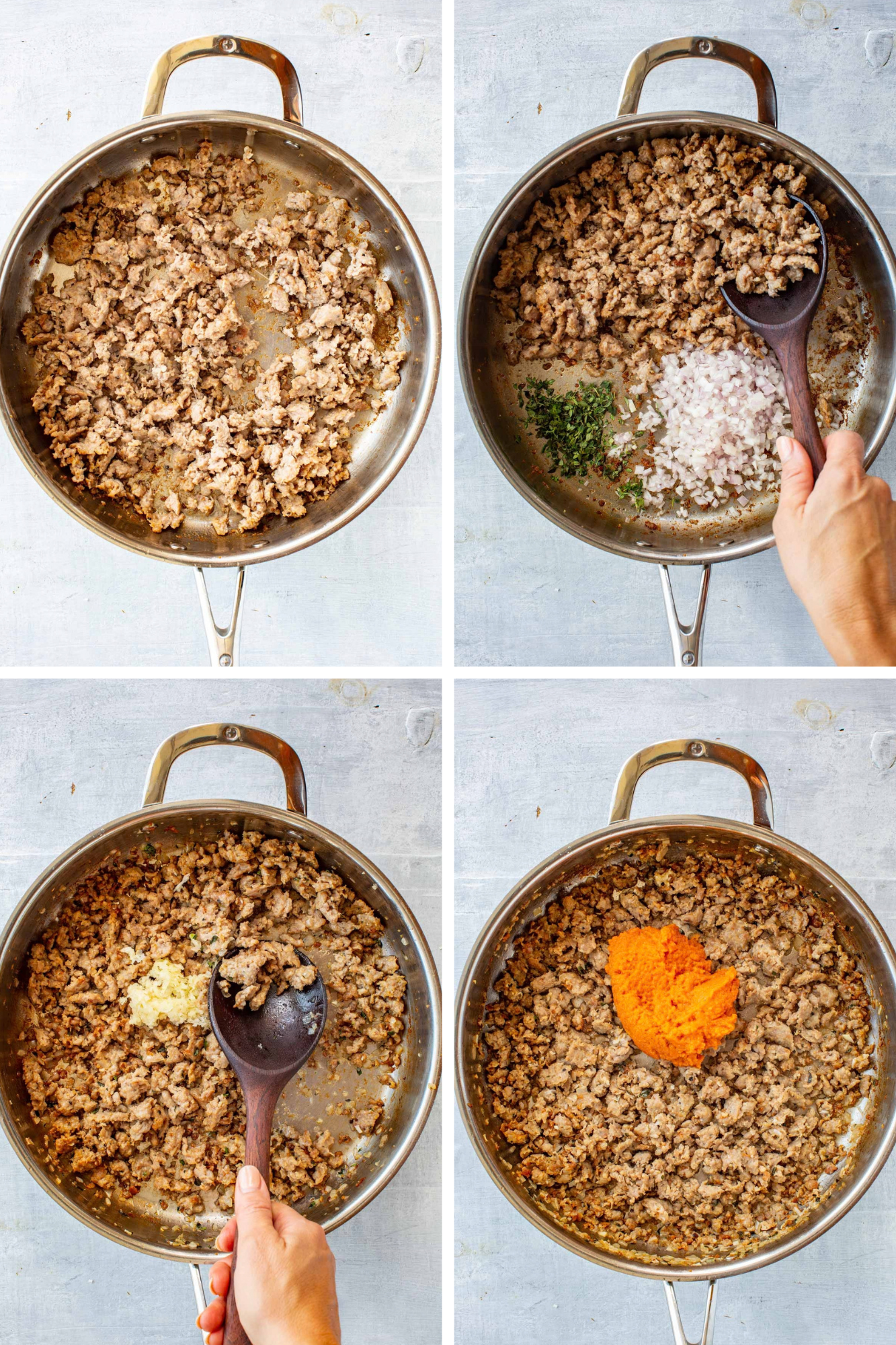 Four-photo grid showing crumbled sausage browning in a skillet, chopped shallot and herbs being added to the cooked sausage, minced garlic being stirred in, and pumpkin puree added to the sausage mixture.