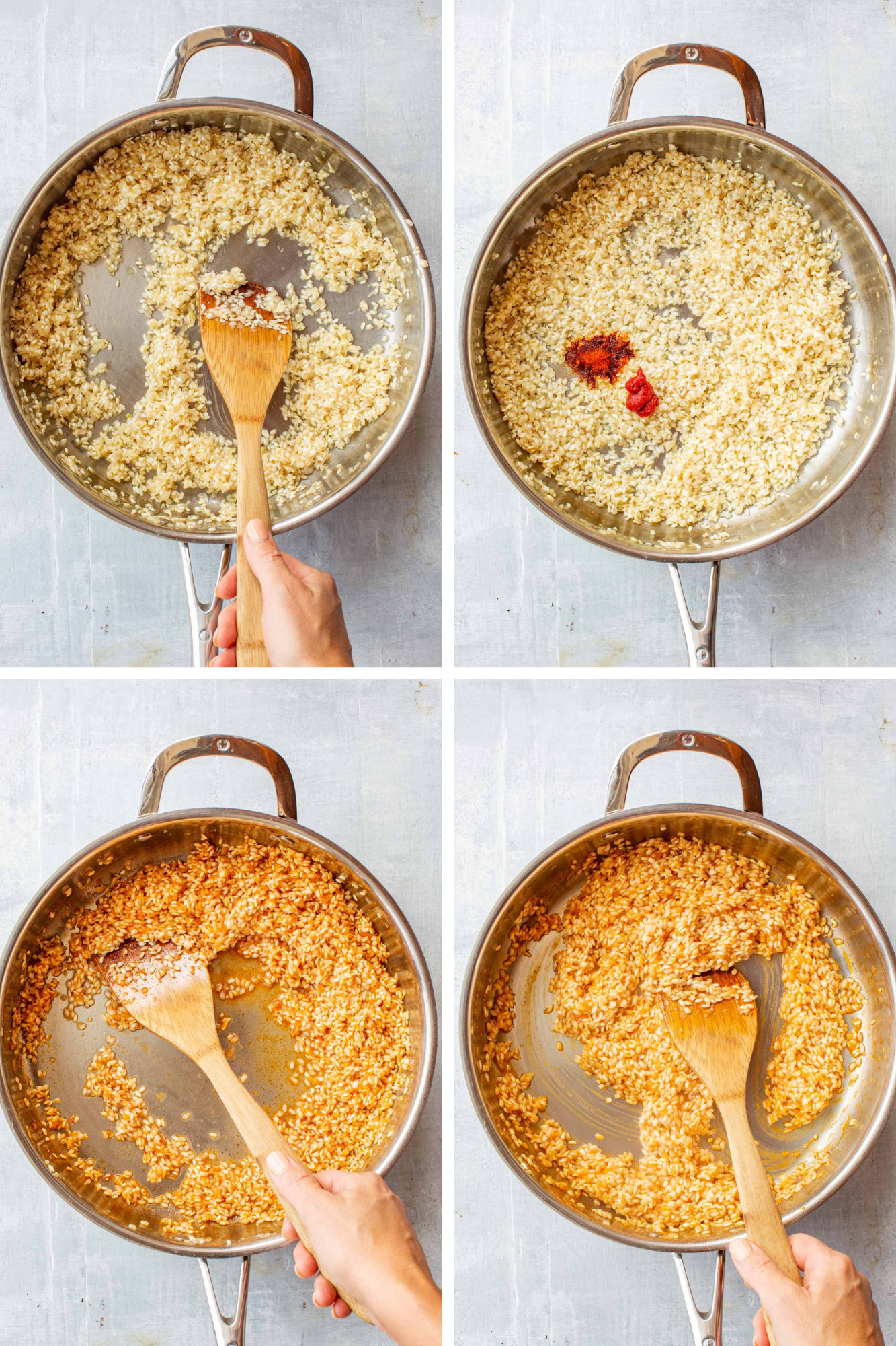 Four-panel process shot: toasted risotto rice being stirred in a steel pan; paprika and tomato paste added to the rice; the rice stirred and coated in the tomato-paprika mixture; the rice cooked further to a deeper orange color.